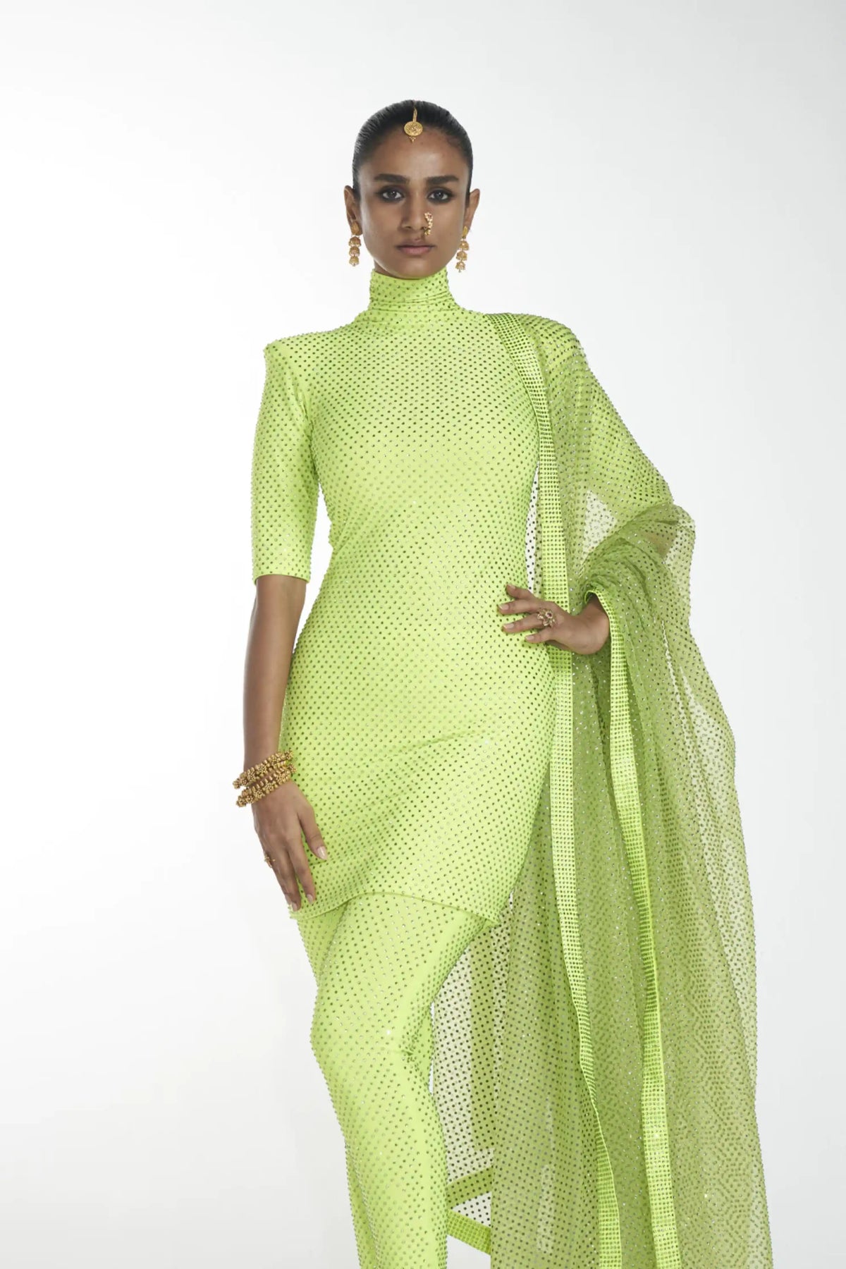 Neon Green Crystal Kurta Set