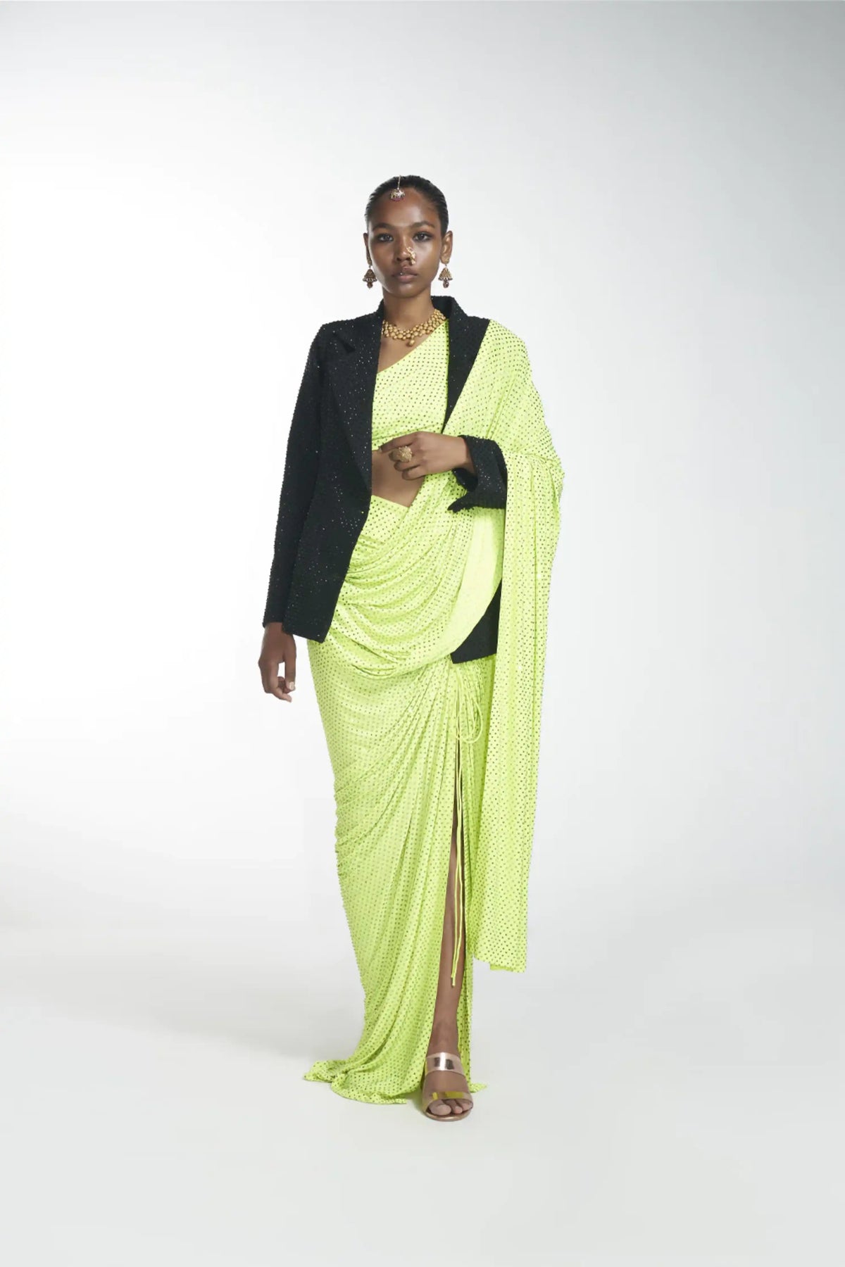 Crystal Detachable Slit Saree With blazer