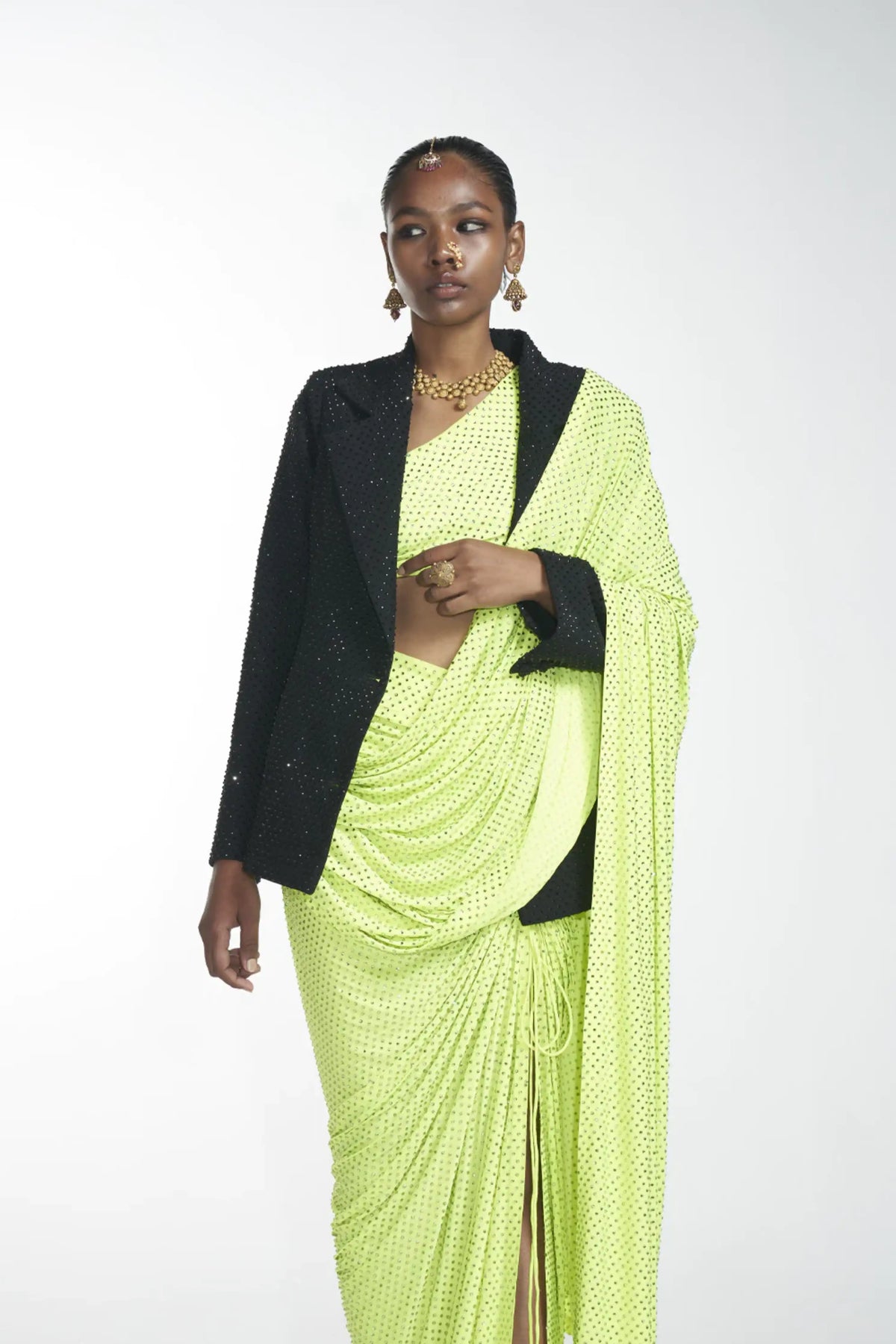 Crystal Detachable Slit Saree With blazer