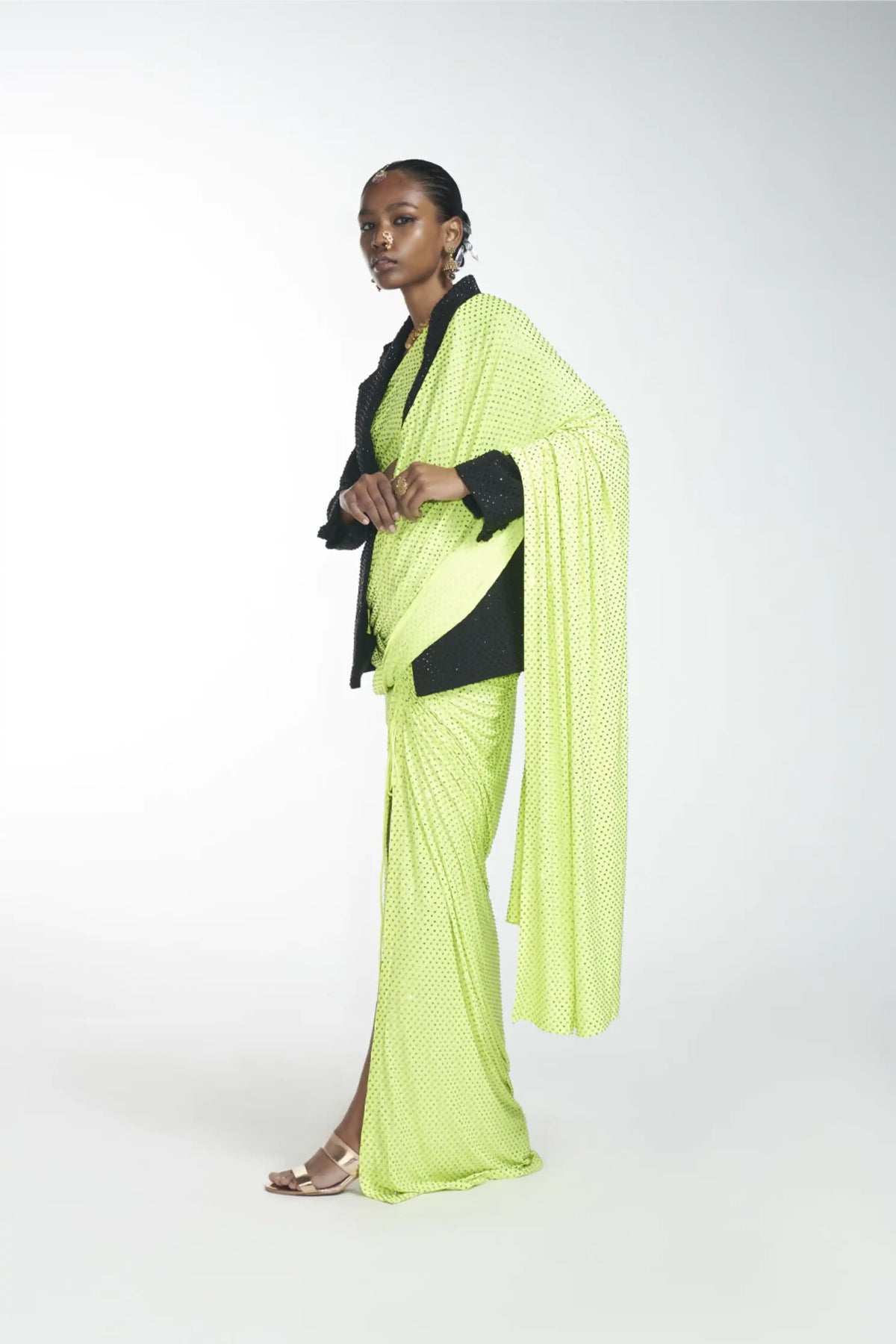 Crystal Detachable Slit Saree With blazer