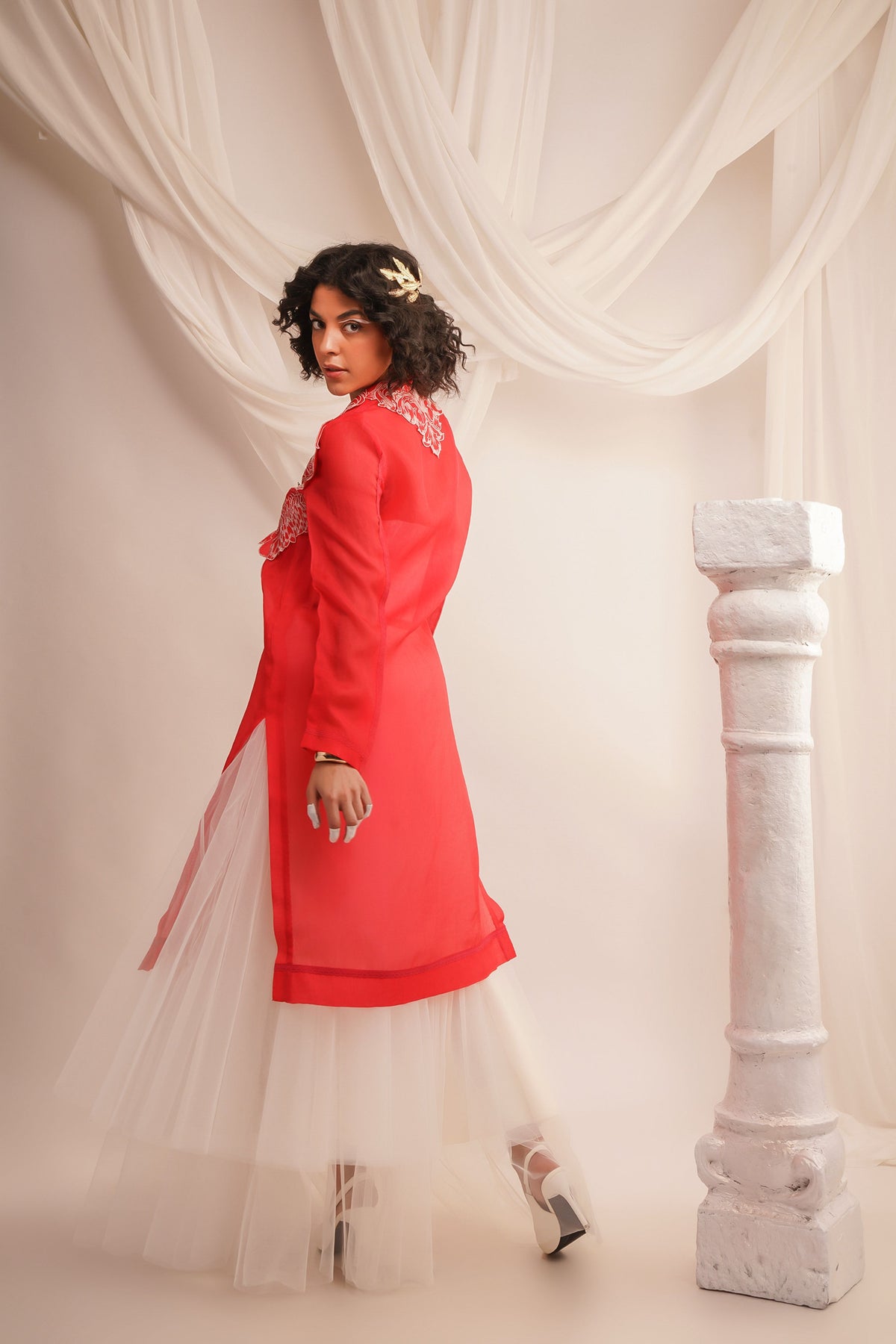 Coral Organza Jacket Set