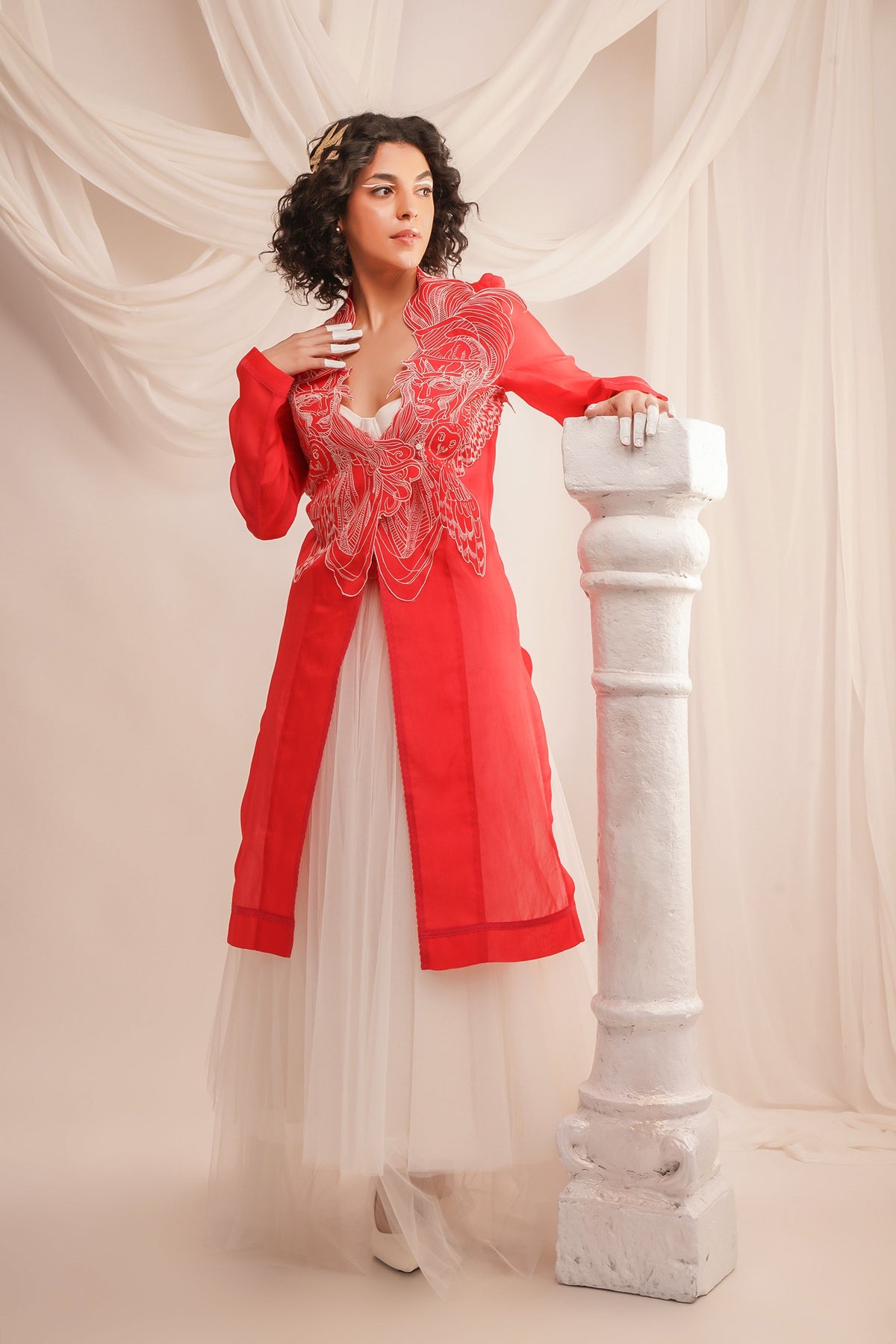 Coral Organza Jacket Set