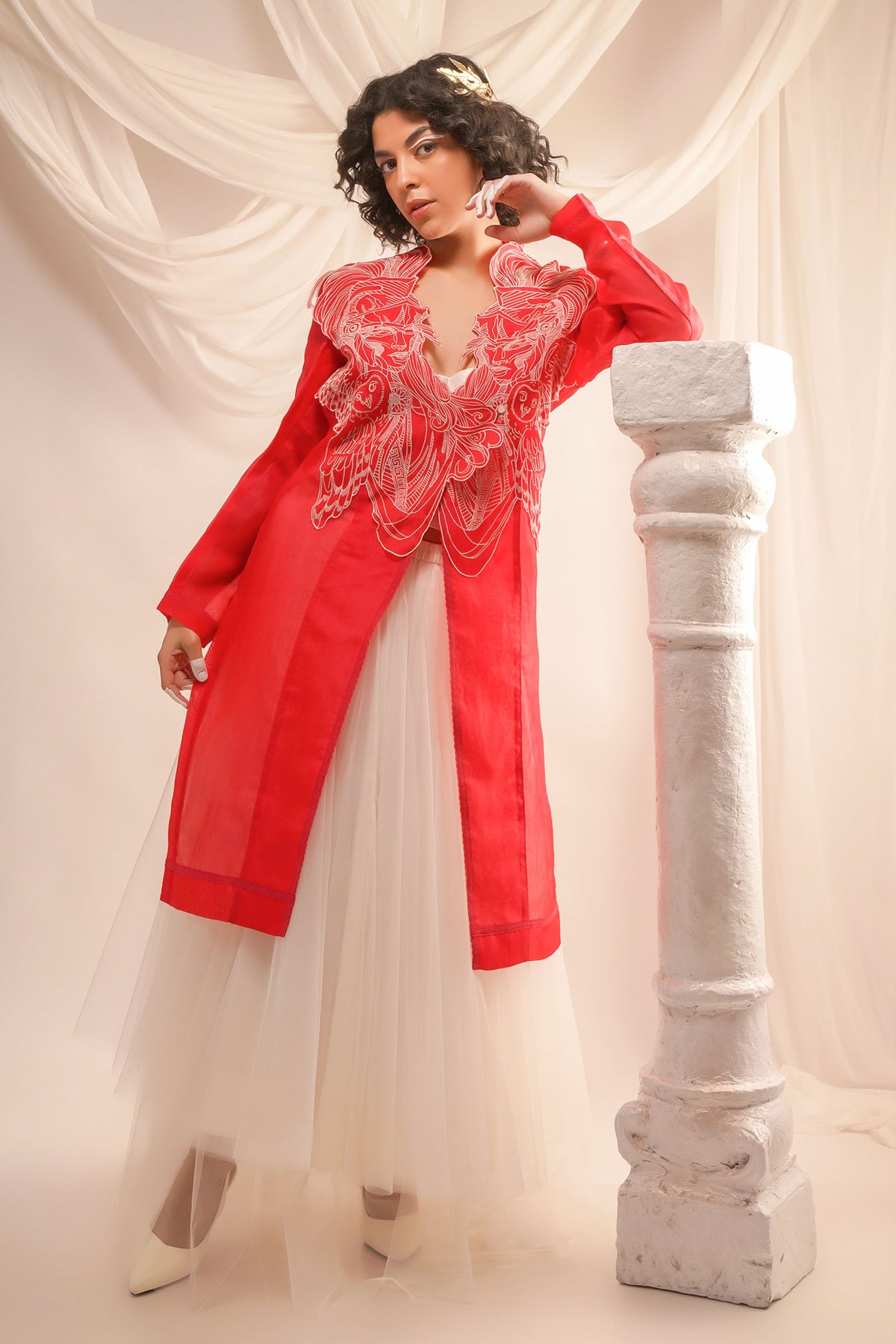 Coral Organza Jacket Set