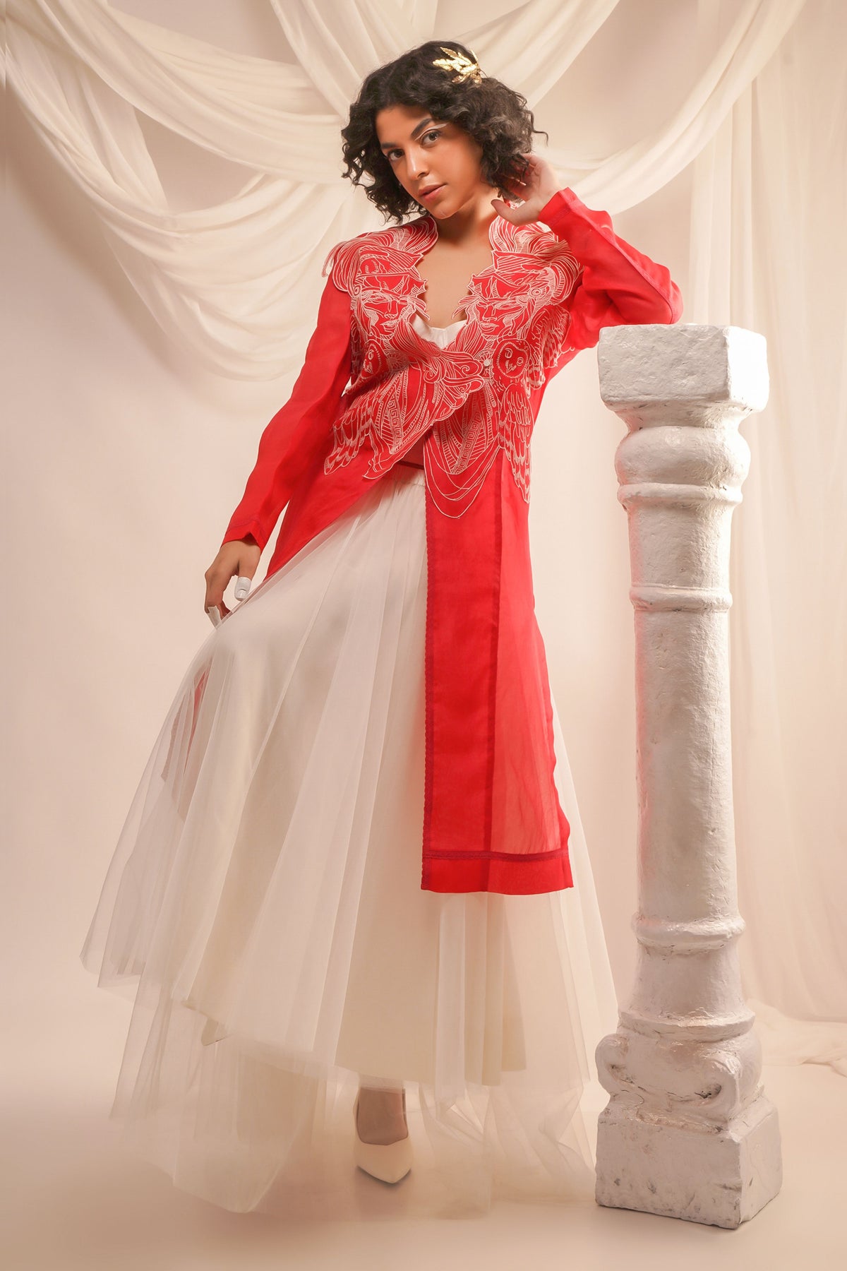 Coral Organza Jacket Set