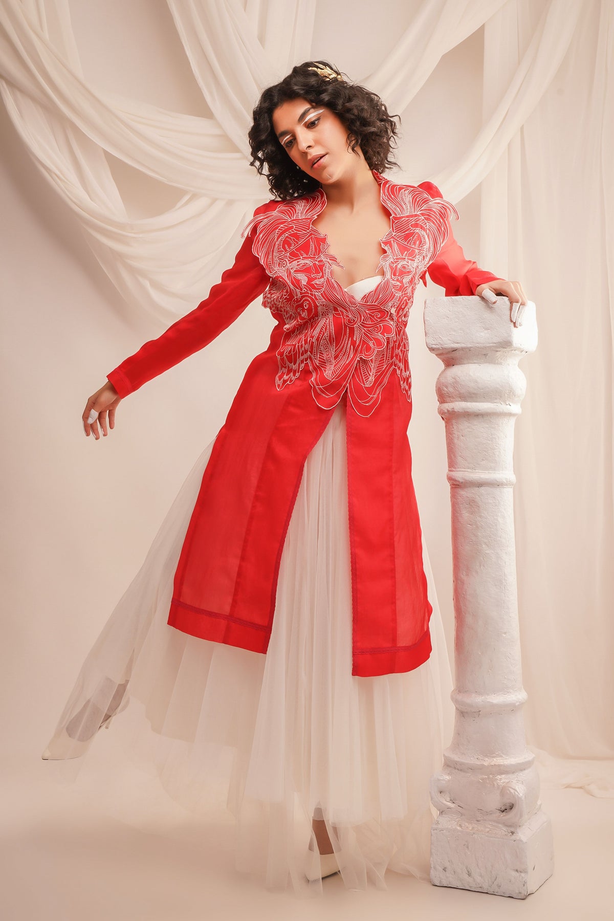 Coral Organza Jacket Set
