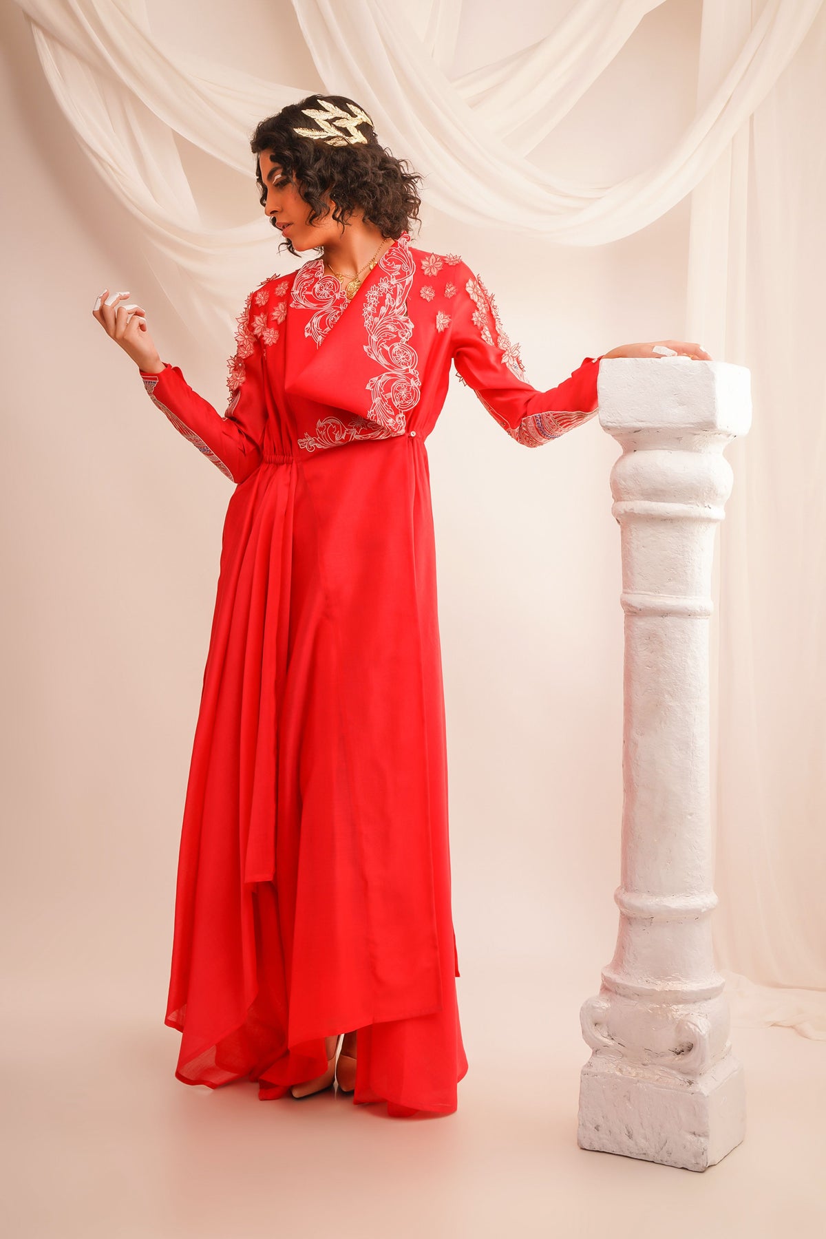 Embroidered Coral Angrakha Set