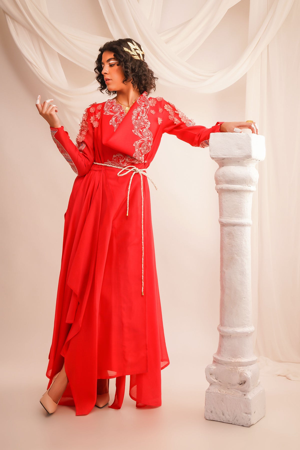 Embroidered Coral Angrakha Set