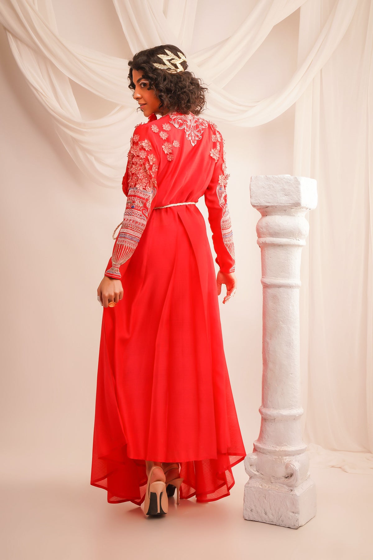 Embroidered Coral Angrakha Set