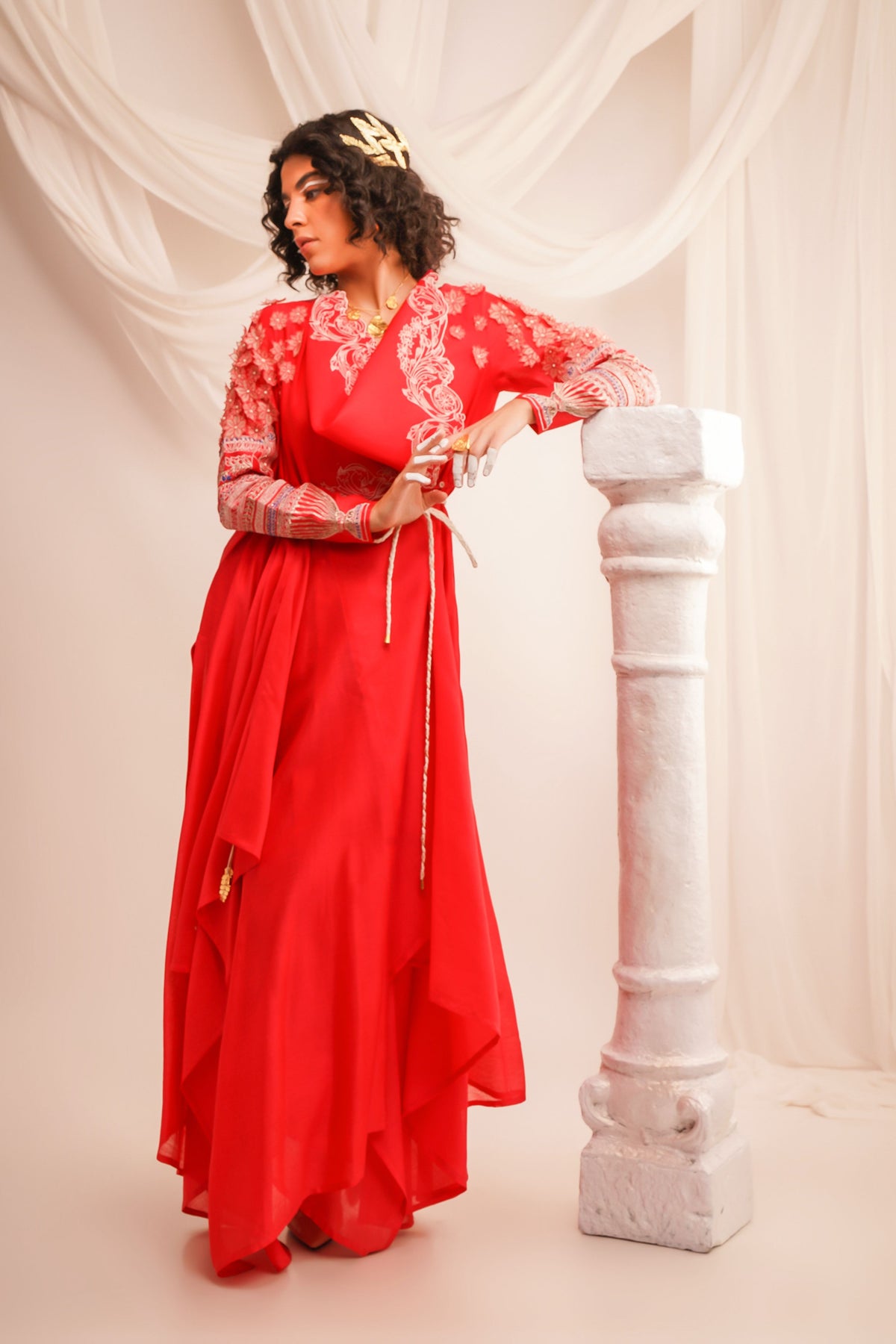 Embroidered Coral Angrakha Set