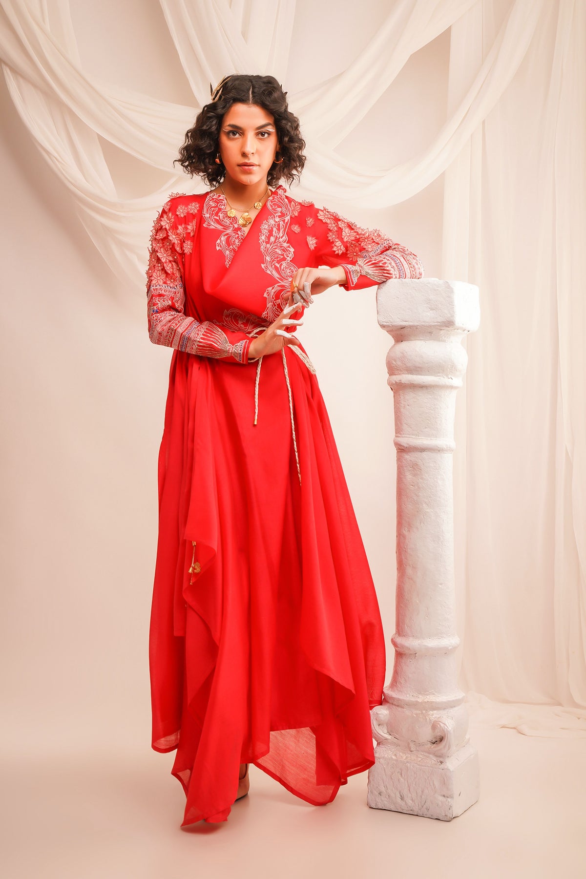 Embroidered Coral Angrakha Set