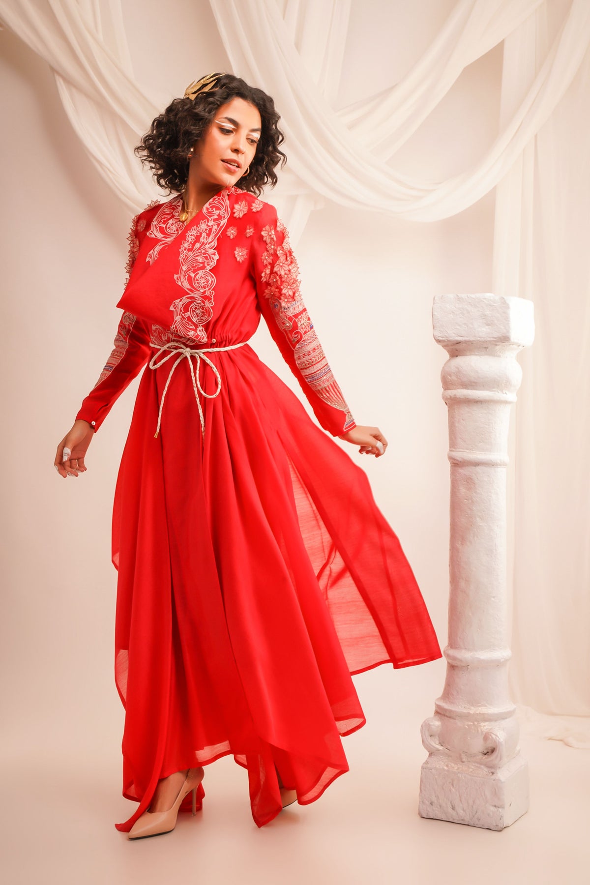Embroidered Coral Angrakha Set