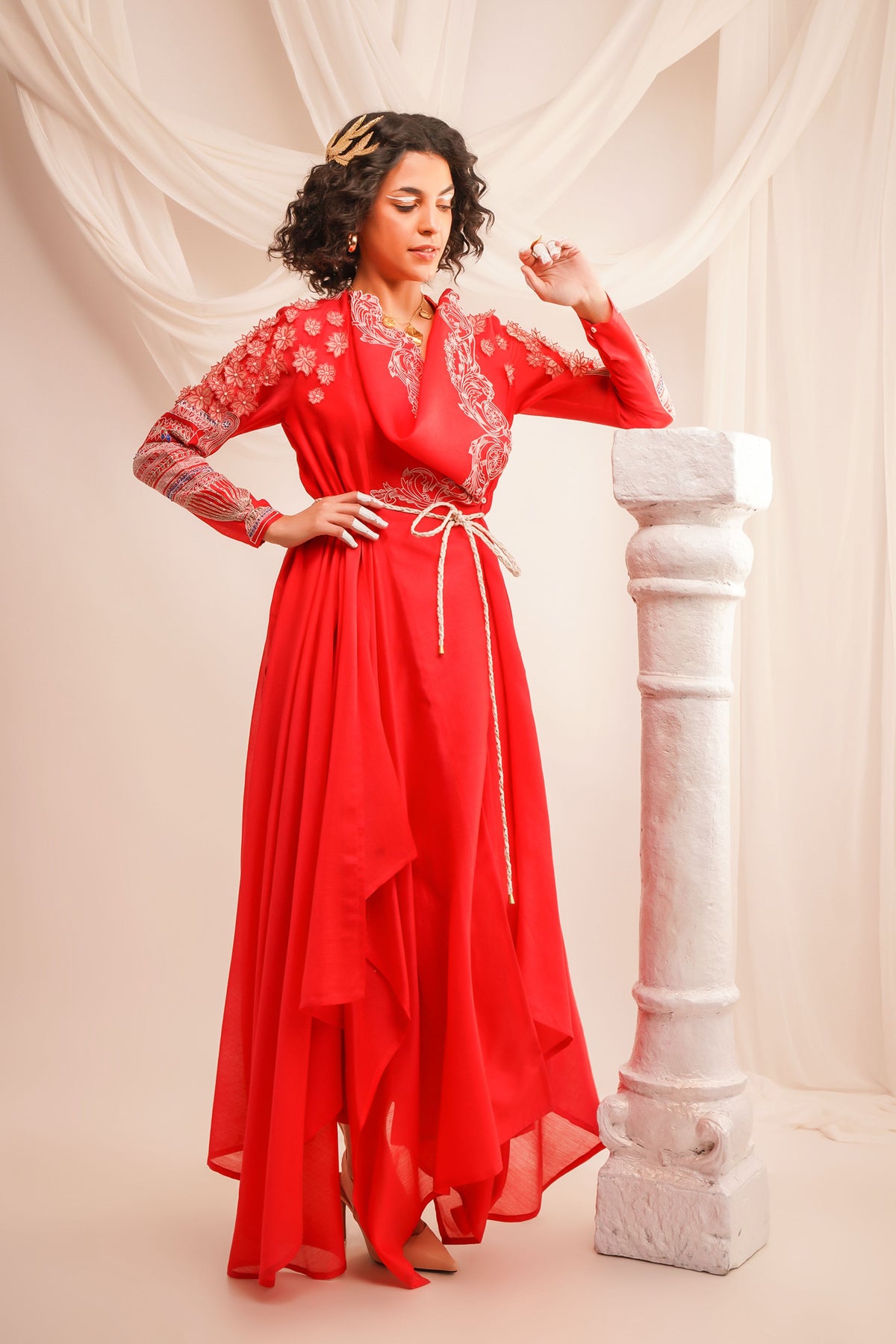 Embroidered Coral Angrakha Set