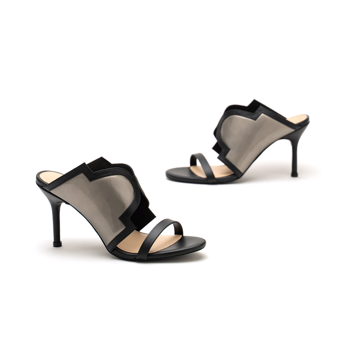 Gunmetal &amp; Black 3 Inches Block Open Toen Heels