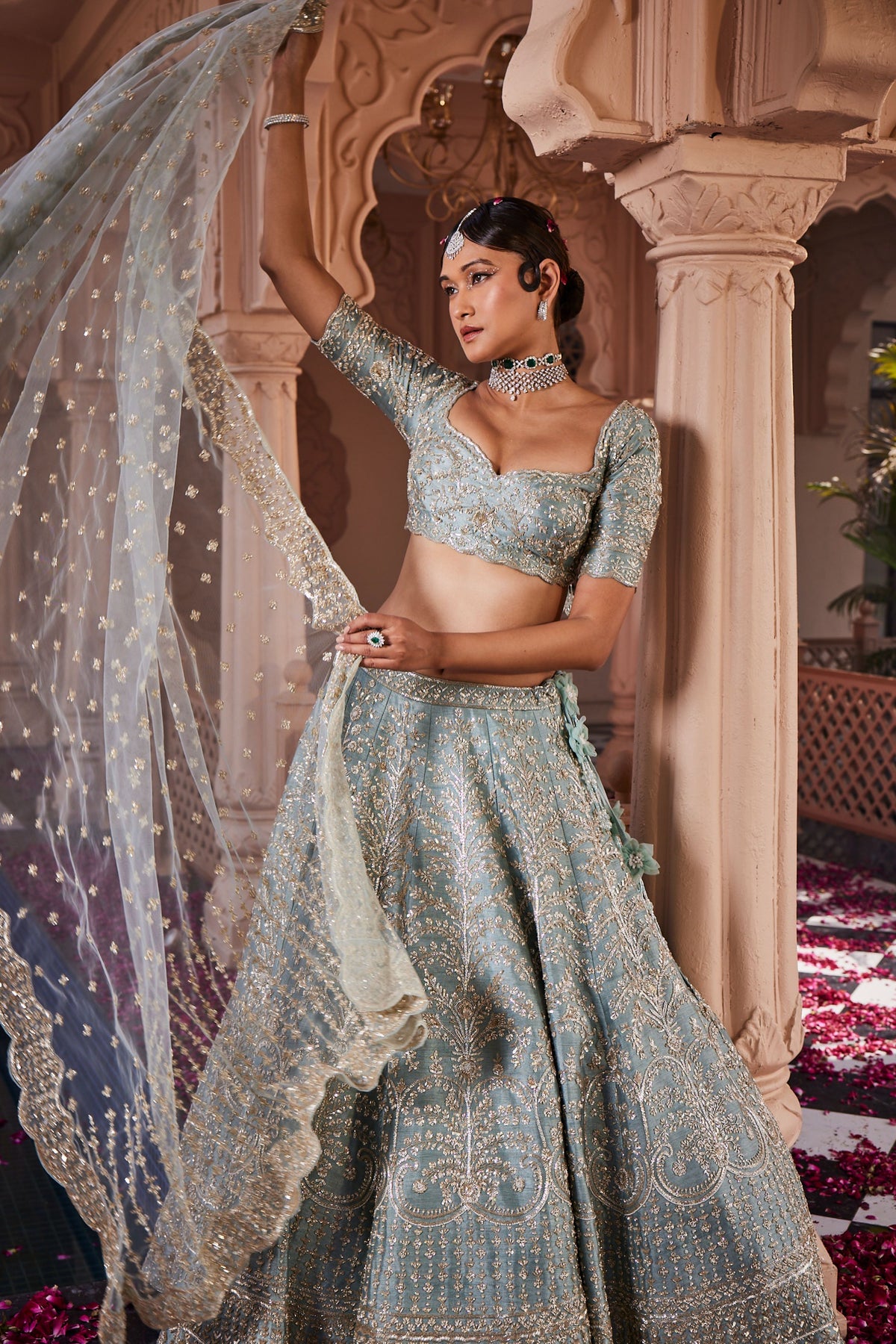 Dusty Firoza Heavily Hand Embroidered Lehenga