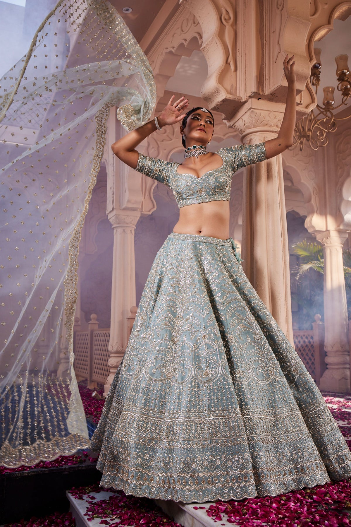 Dusty Firoza Heavily Hand Embroidered Lehenga