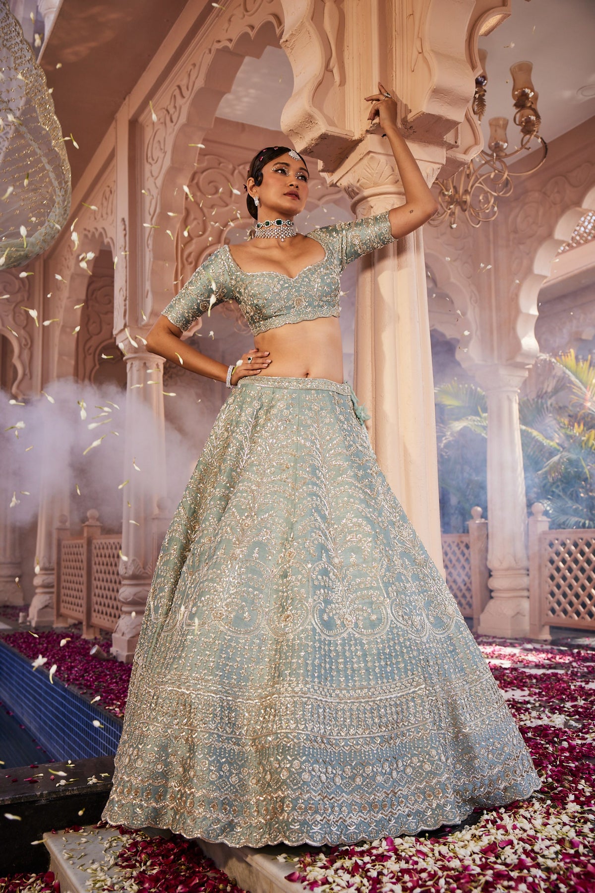 Dusty Firoza Heavily Hand Embroidered Lehenga