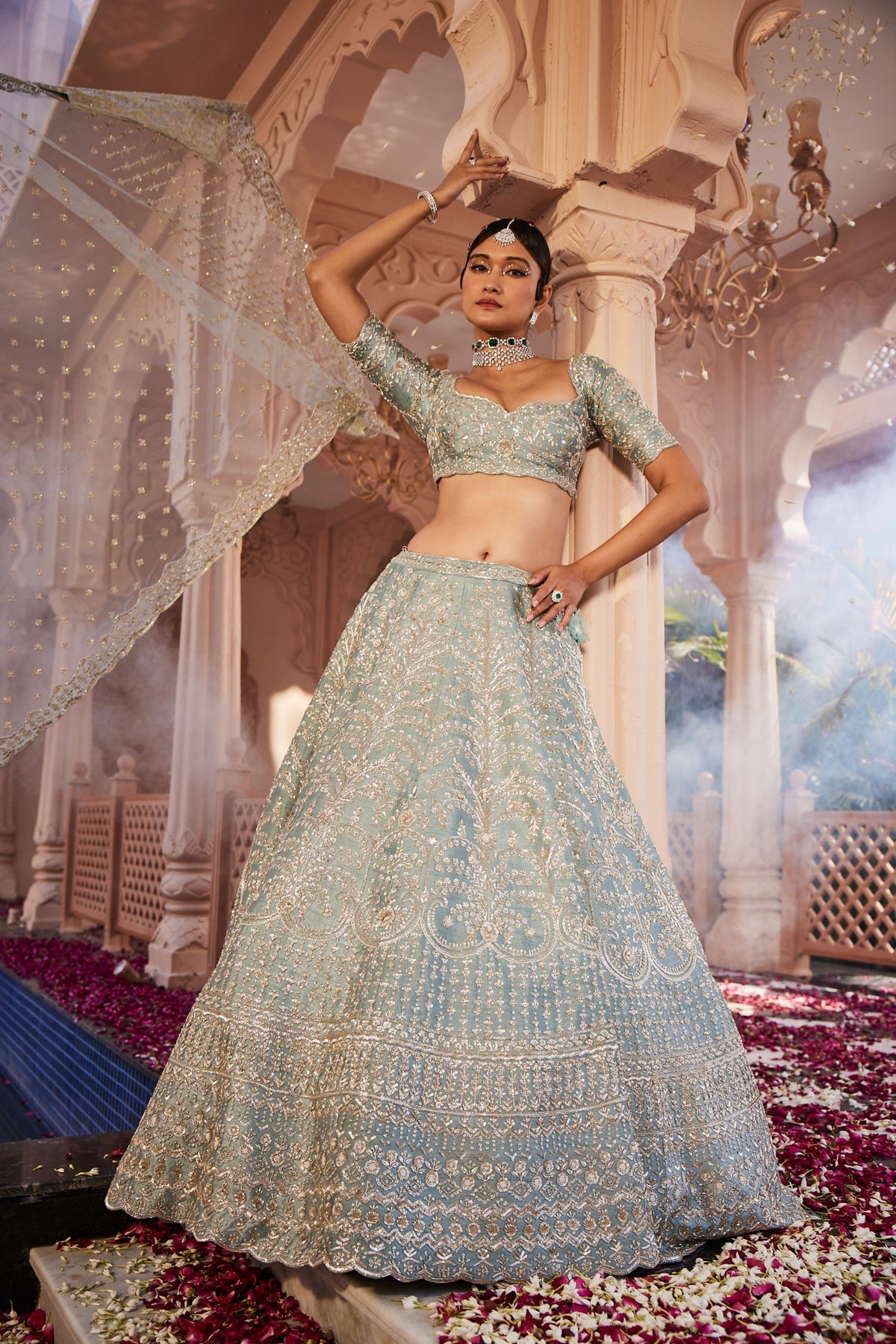 Dusty Firoza Heavily Hand Embroidered Lehenga