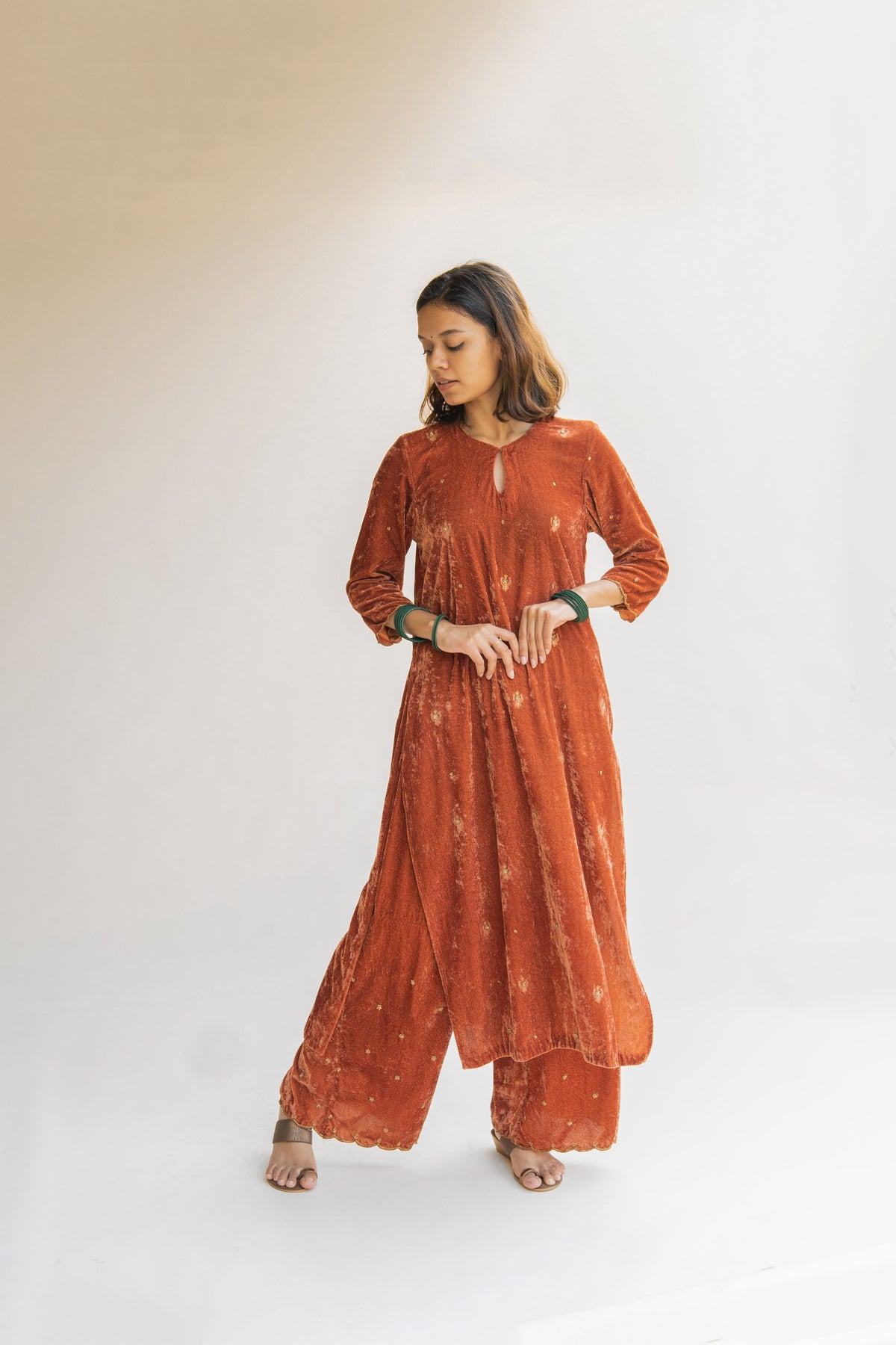 Rust noorah velvet kurta set