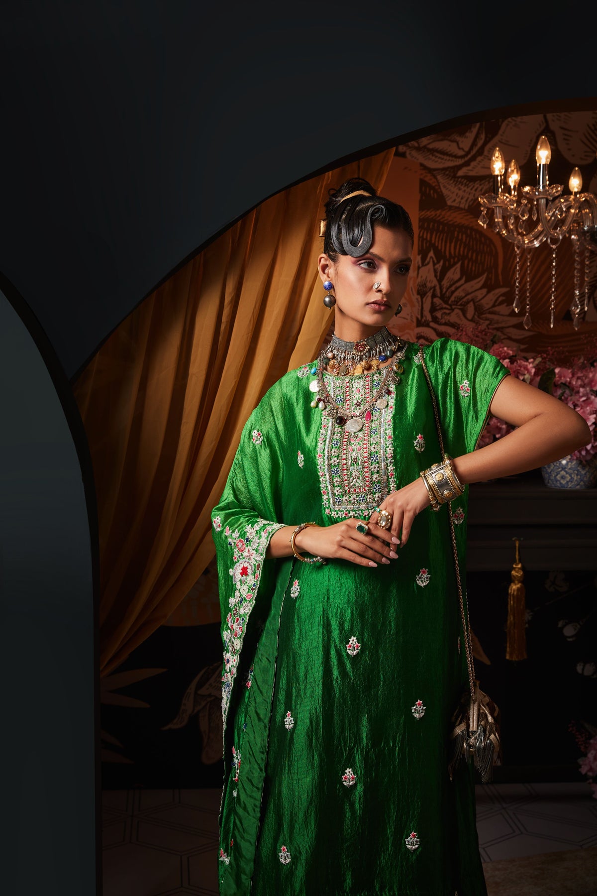 Green Embroidered Silk Kaftan Set