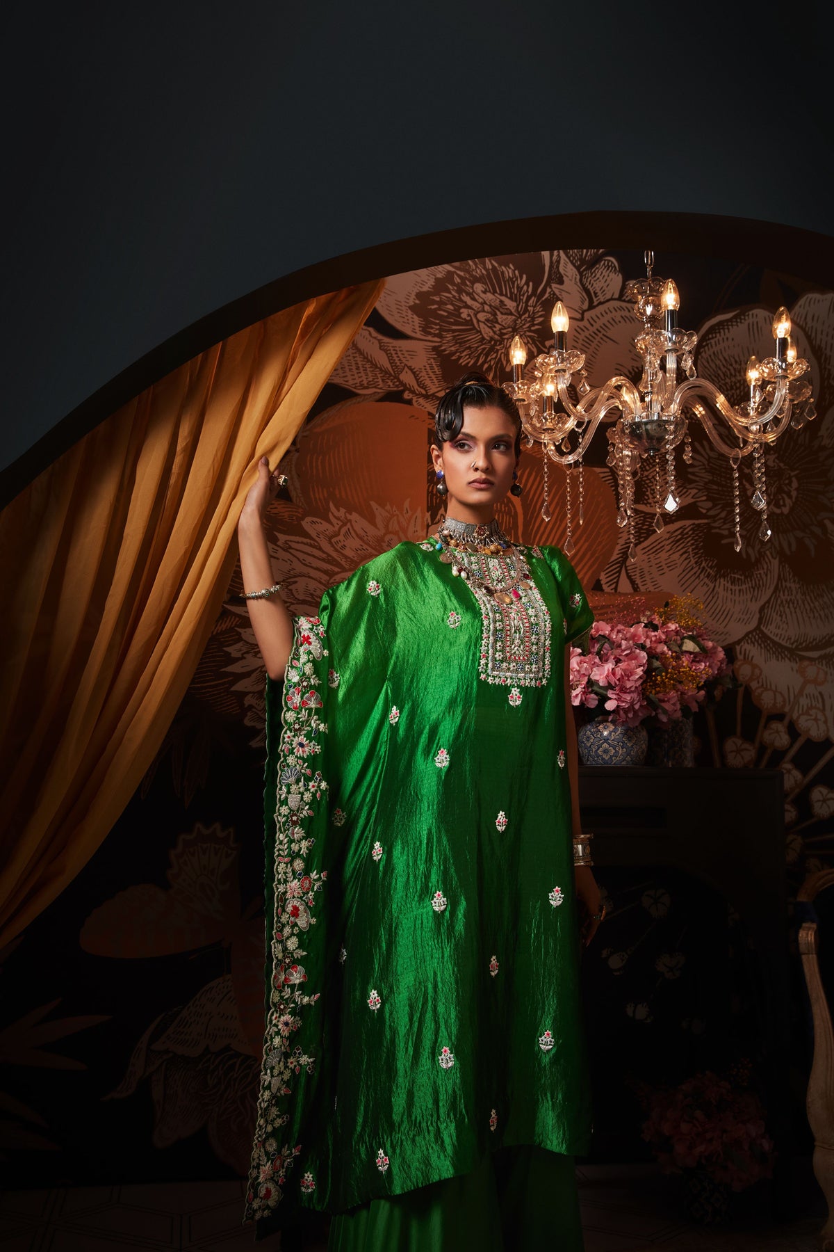 Green Embroidered Silk Kaftan Set
