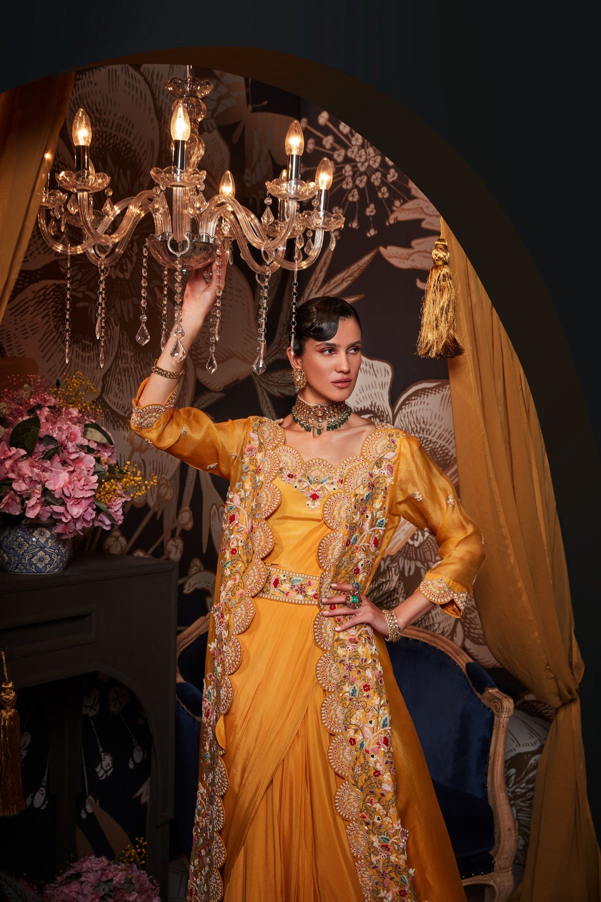 Yellow Drape Saree With Jacket Set