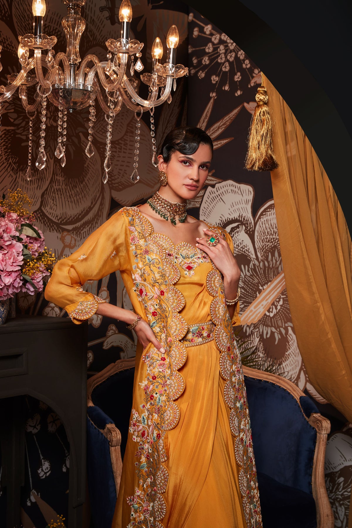 Yellow Drape Saree With Jacket Set