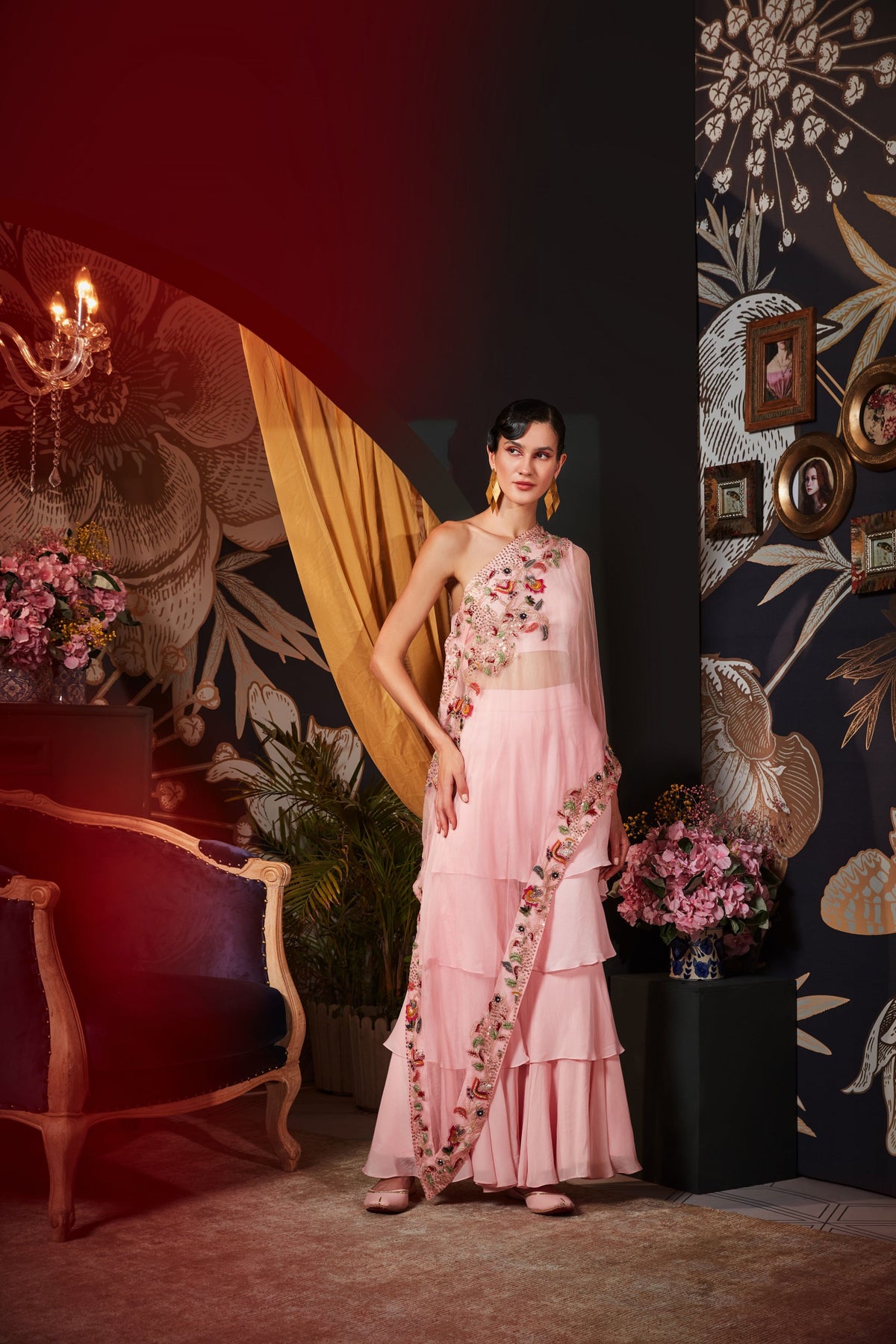 Pink One Shoulder Drape Set