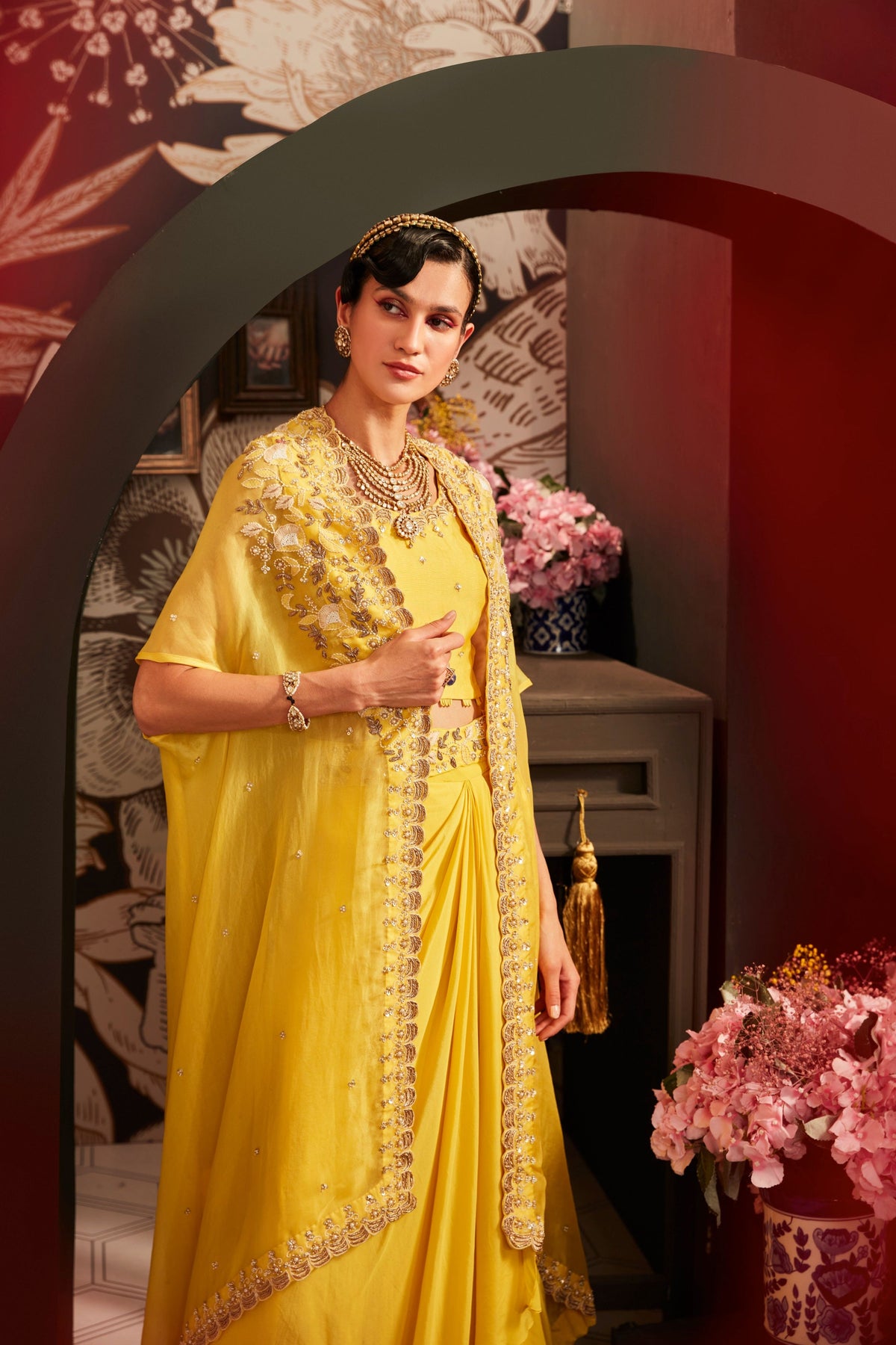 Yellow Organza Cape Set