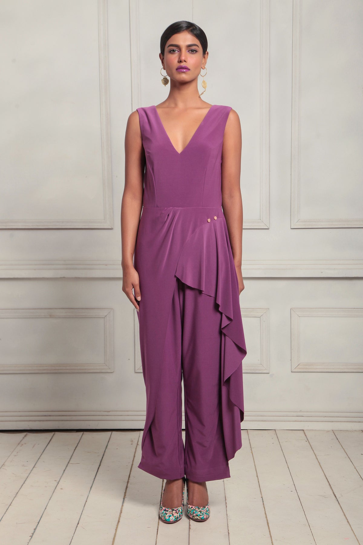 V neck drape slit jumpsuit