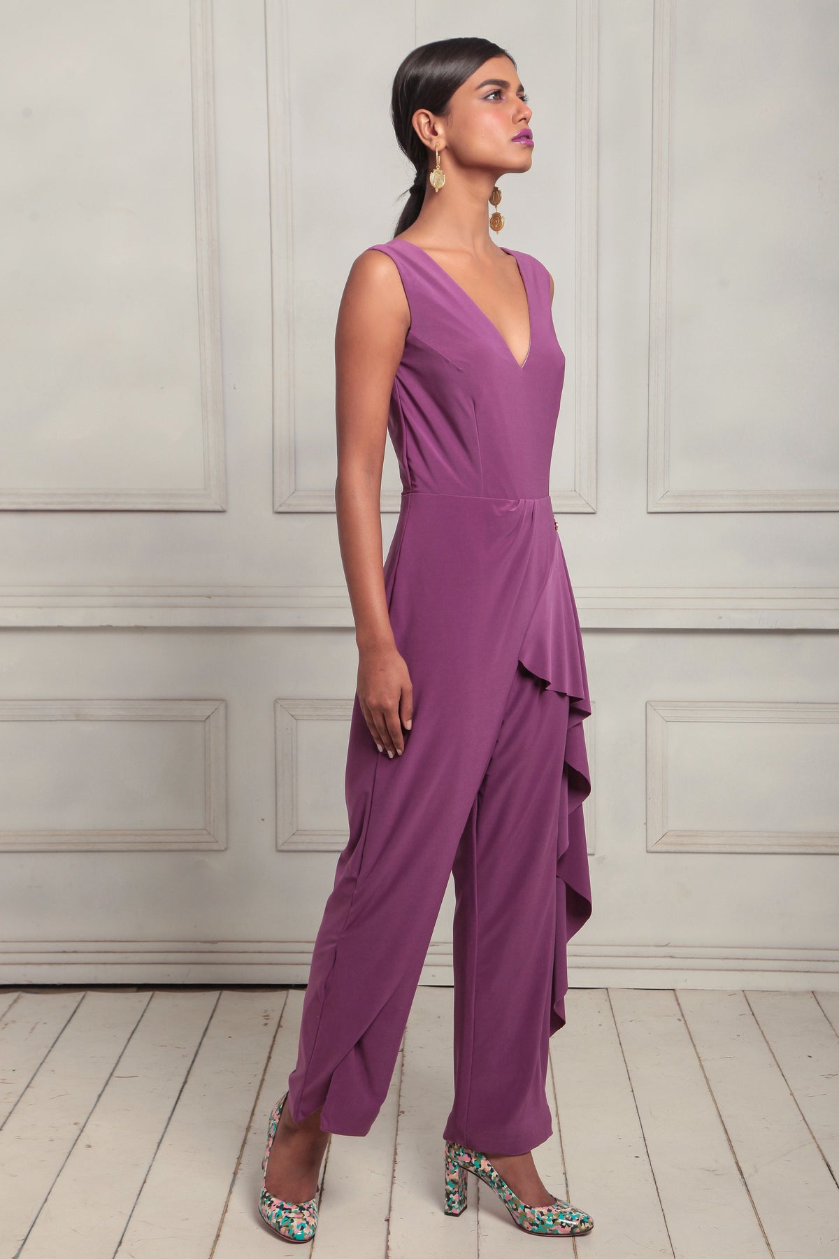 V neck drape slit jumpsuit