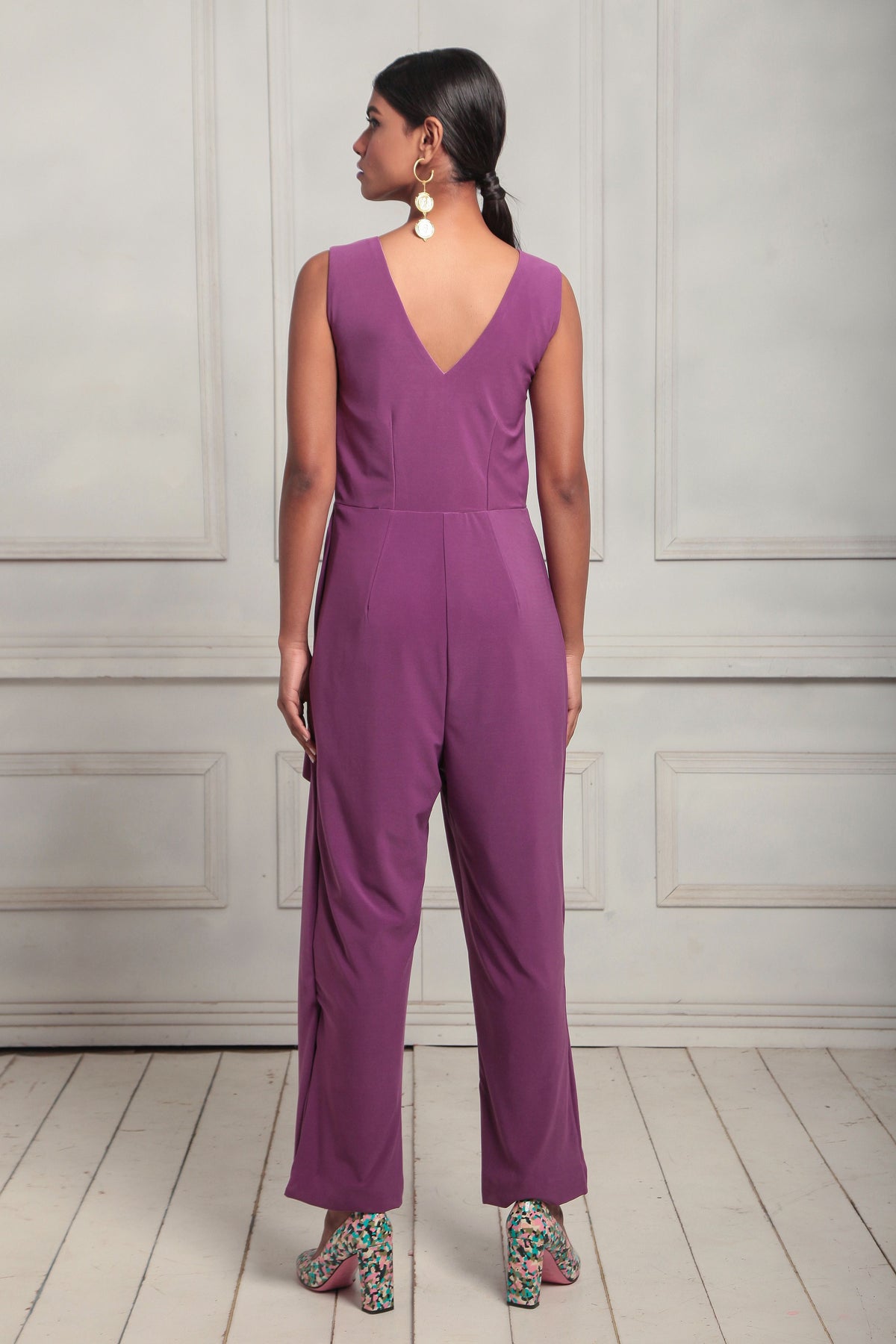 V neck drape slit jumpsuit