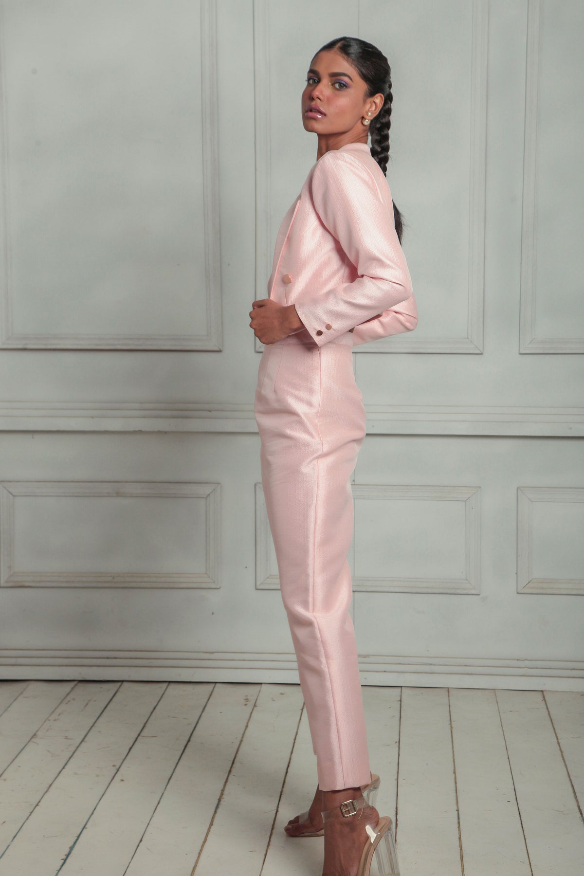 Jacket with v neck crop and high waisted trousers