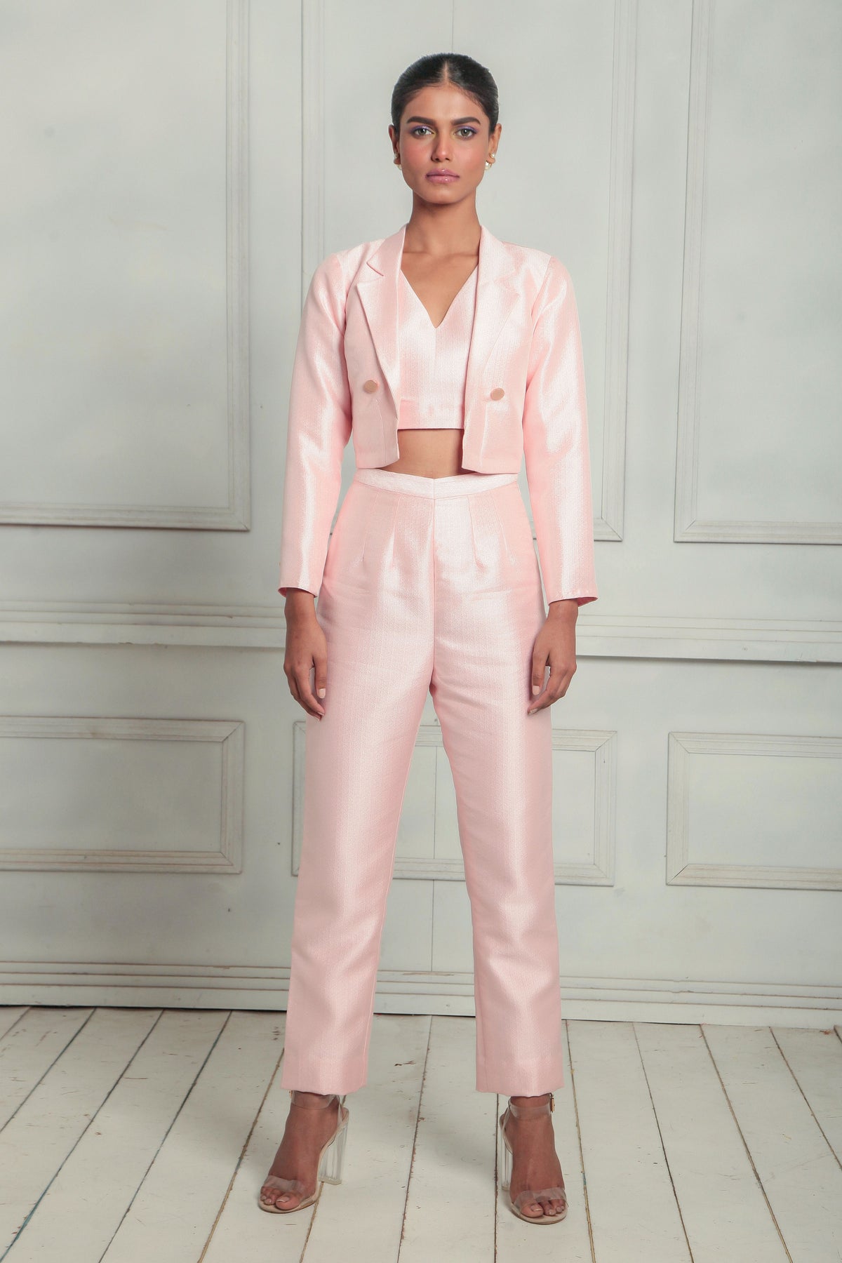 Jacket with v neck crop and high waisted trousers