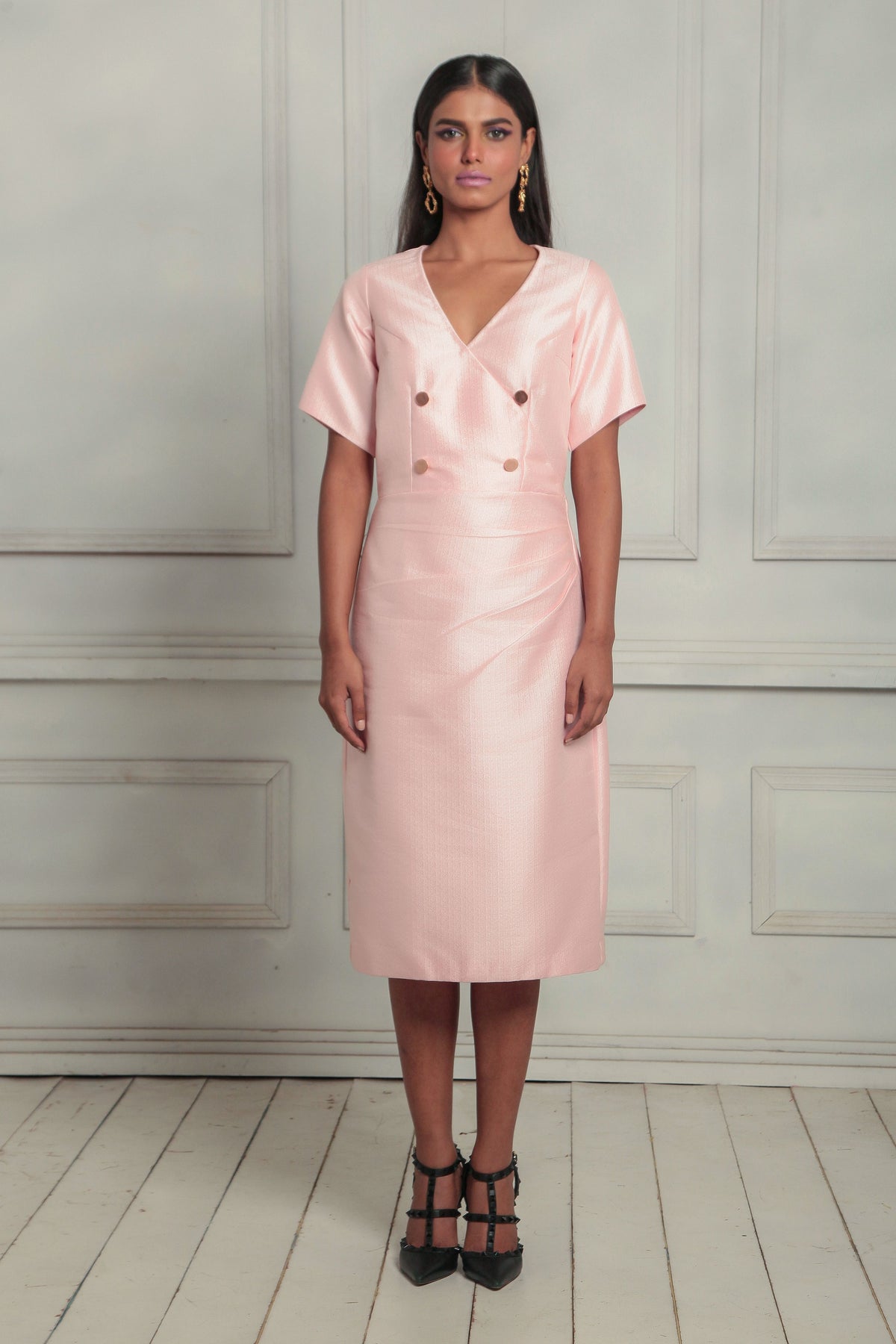 Overlap pleated midi dress