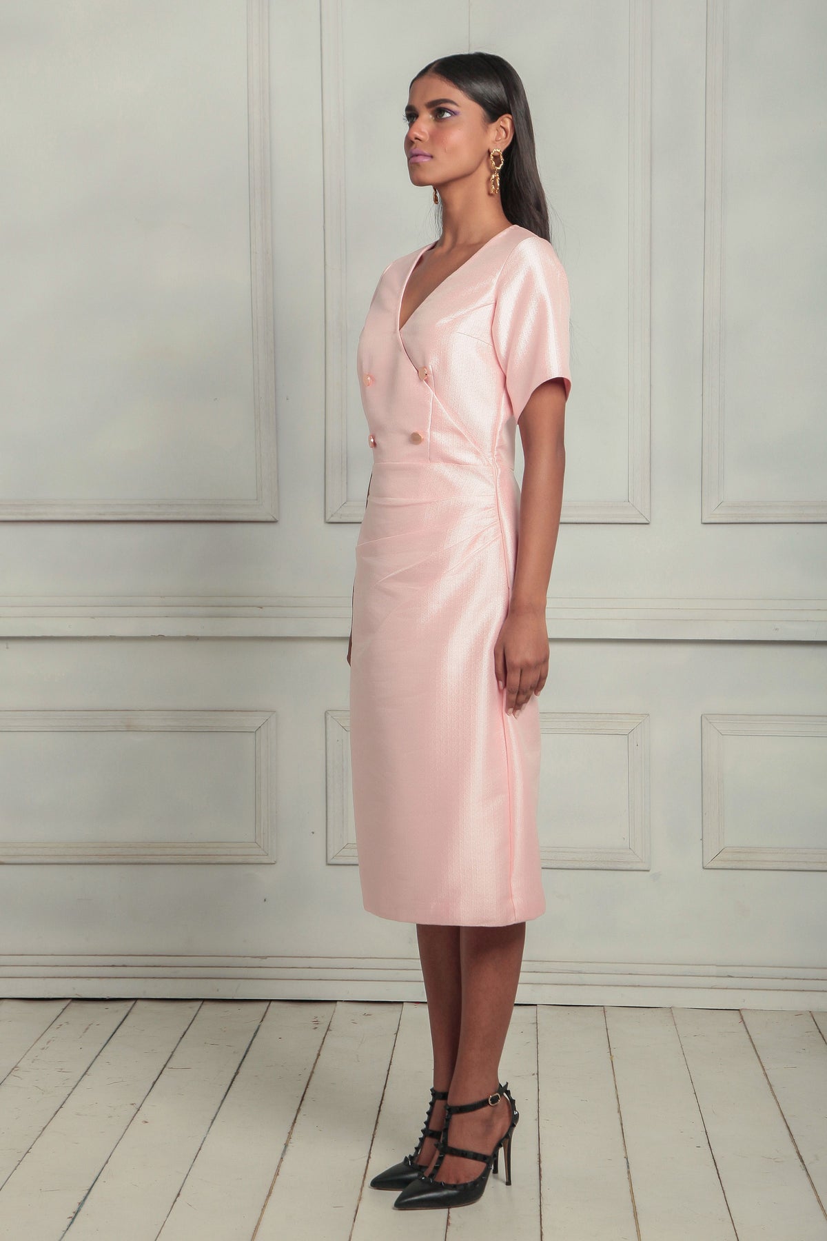 Overlap pleated midi dress
