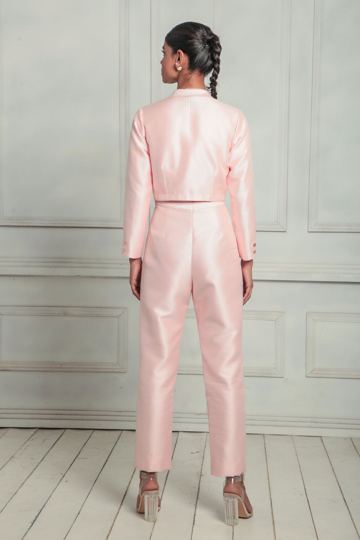 Jacket with v neck crop and high waisted trousers
