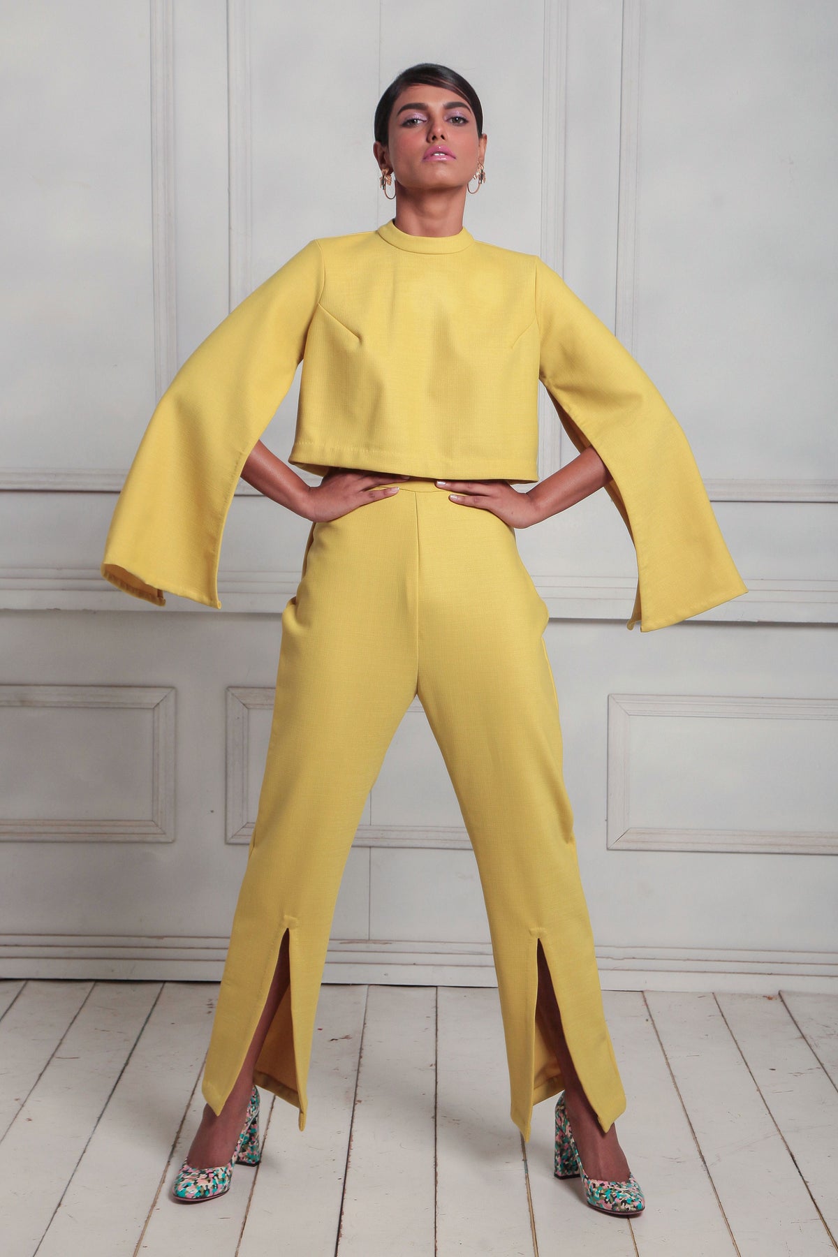 Box top with high waisted trousers
