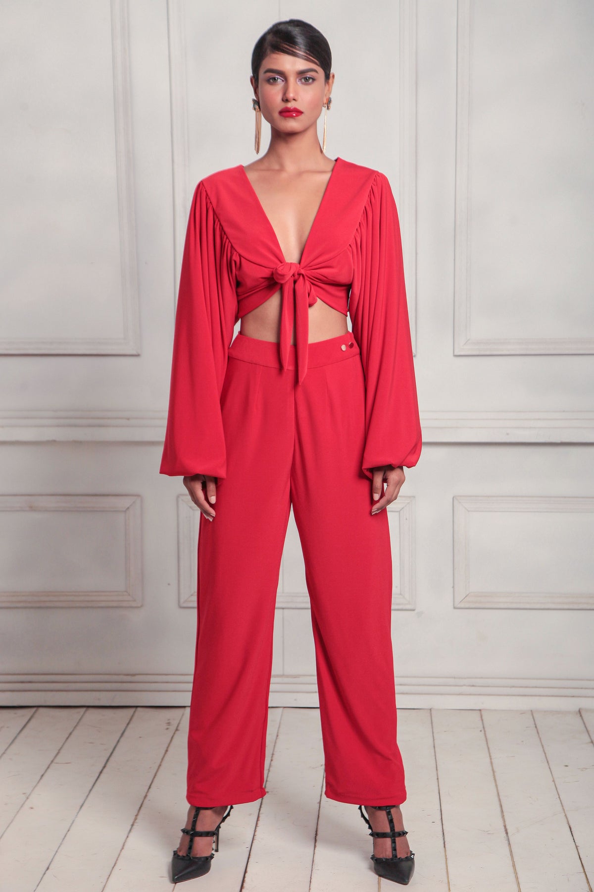 Tie front crop with high waisted pants
