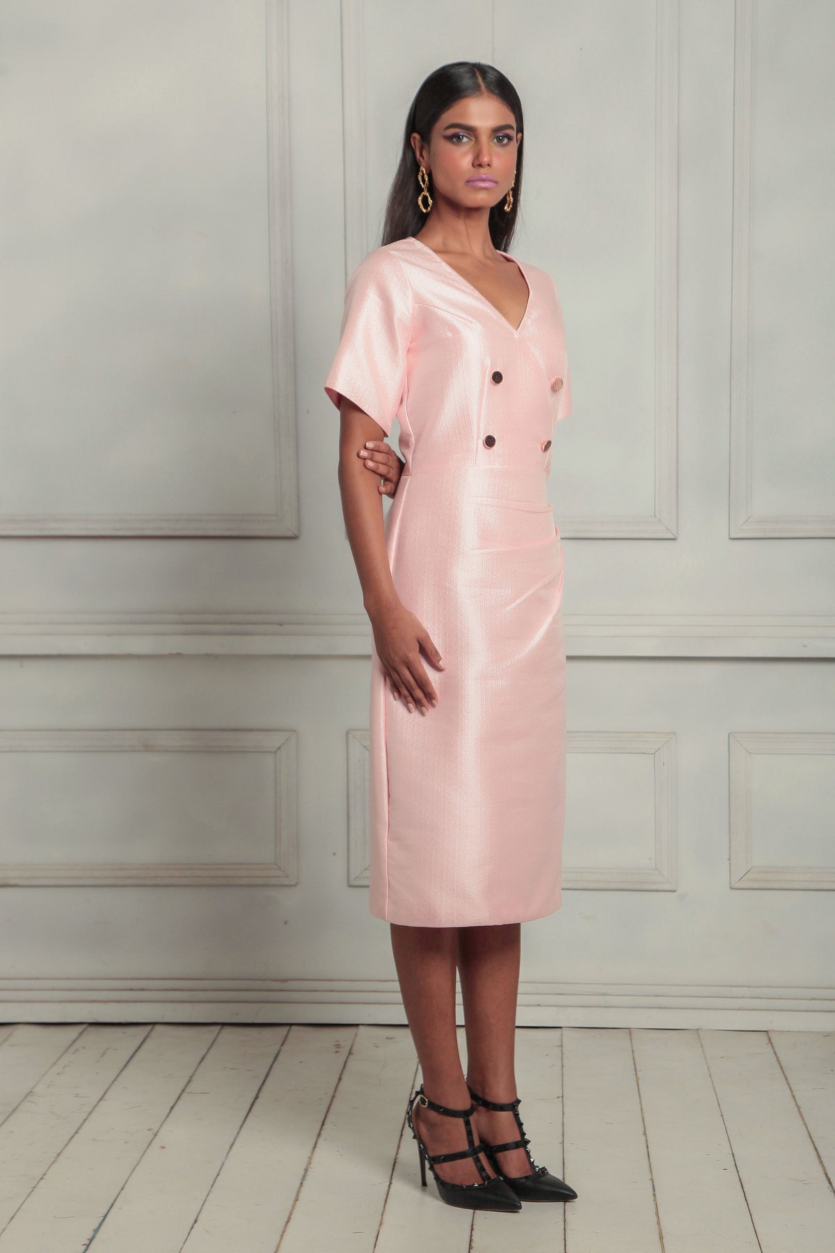 Overlap pleated midi dress