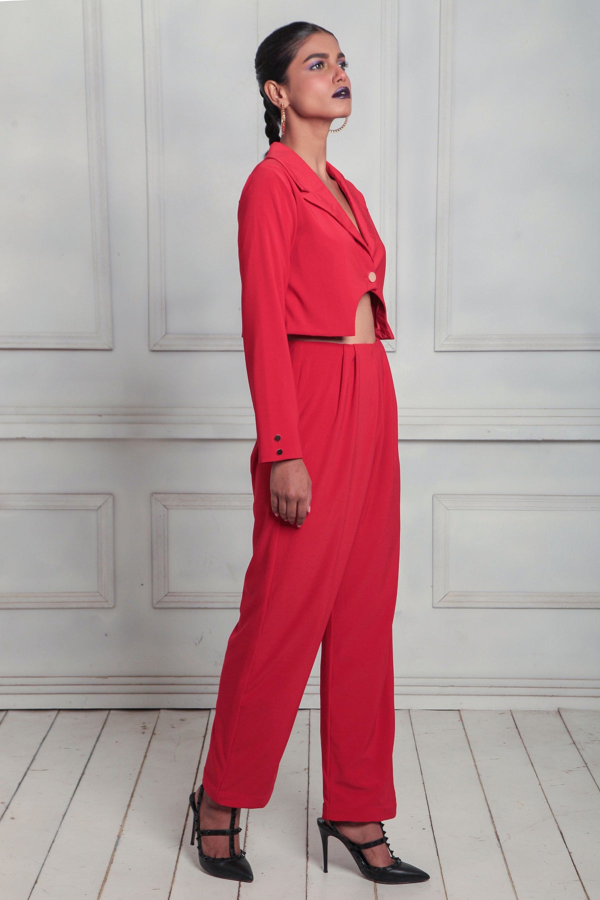 Crop blazer with pleat front trousers