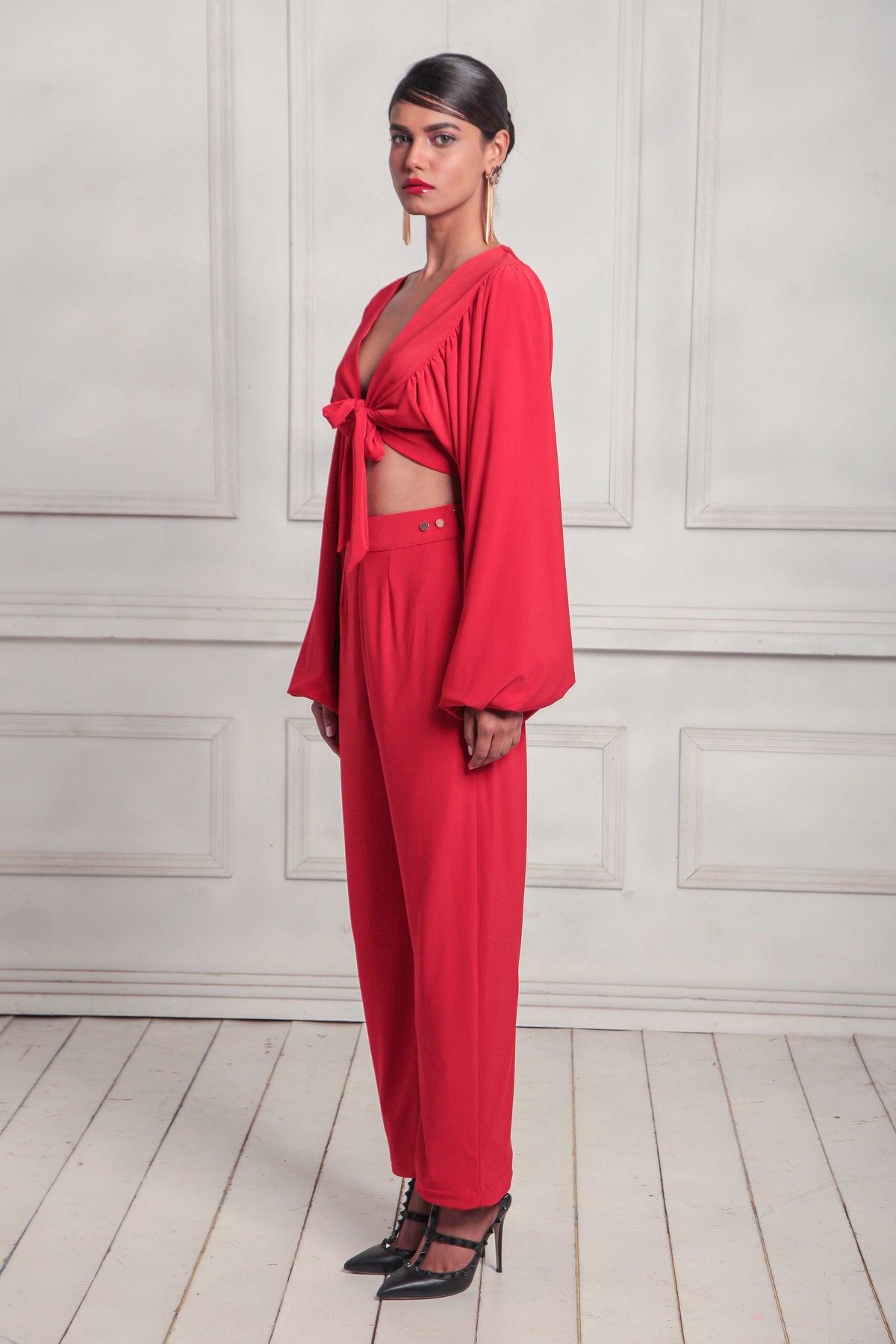 Tie front crop with high waisted pants