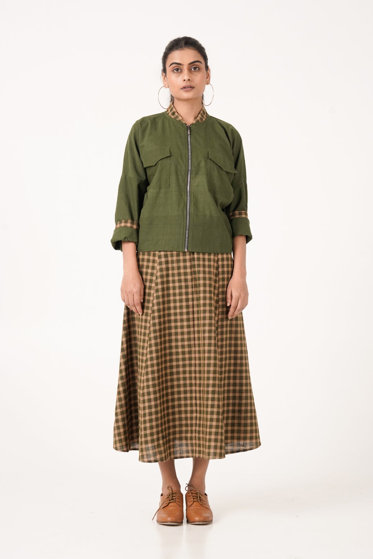 Plaid Olive Green Jacket Set