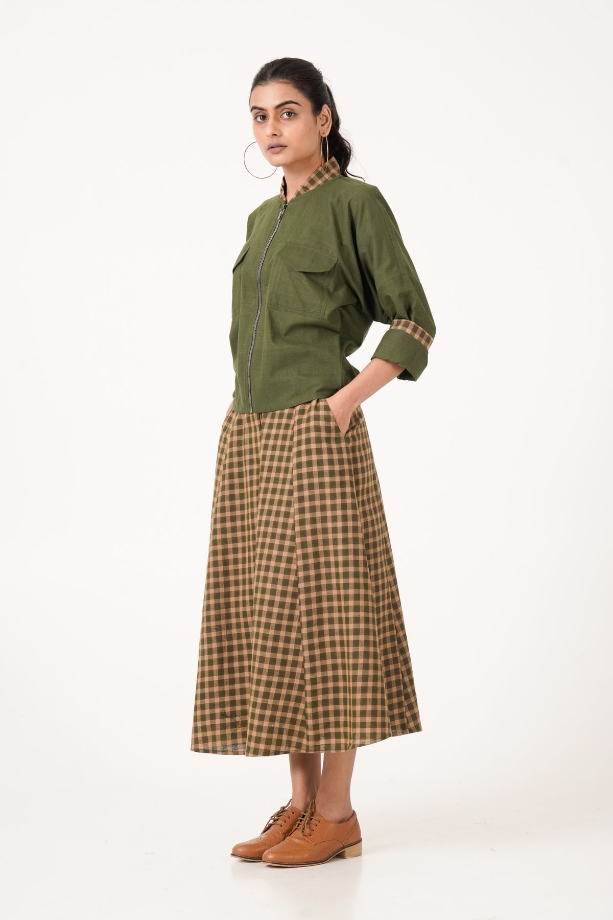 Plaid Olive Green Jacket Set