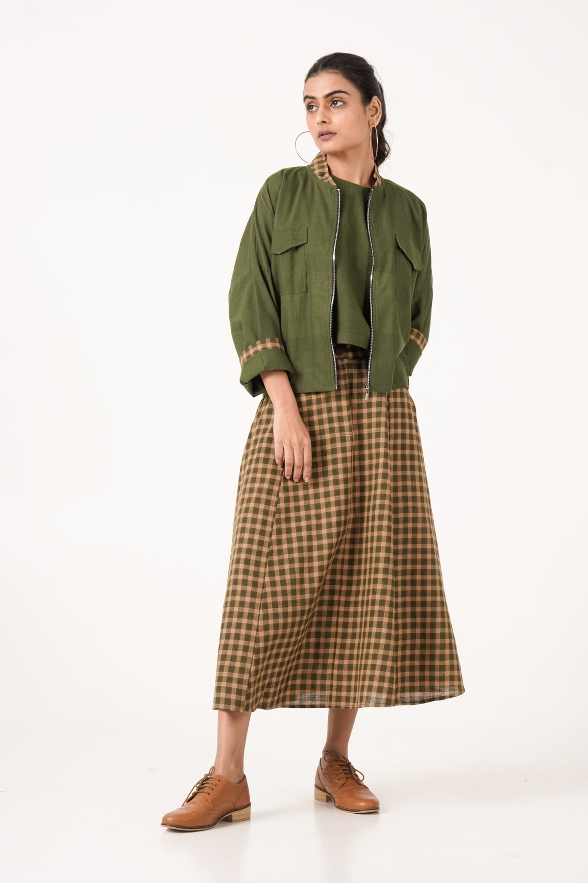Plaid Olive Green Jacket Set