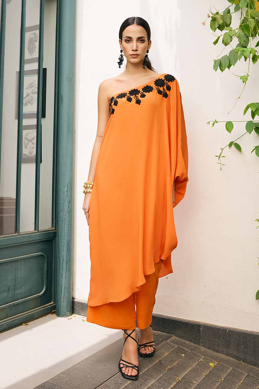 Orange Embroidered Kaftan Set
