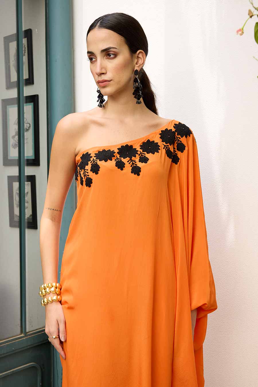Orange Embroidered Kaftan Set
