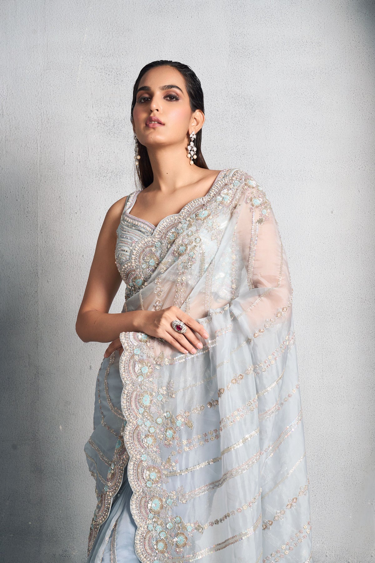 Classic Ice Blue Organza Saree