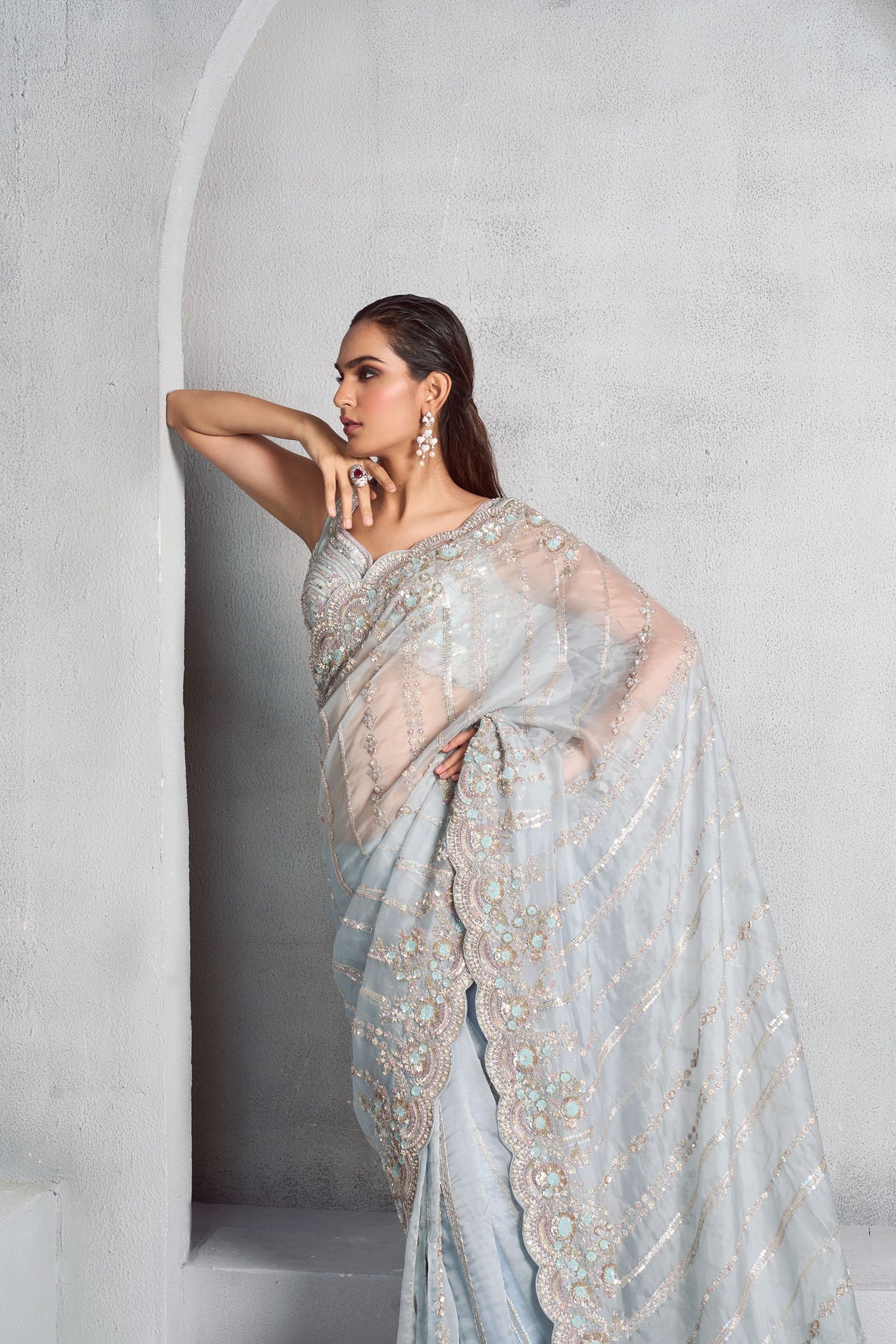 Classic Ice Blue Organza Saree