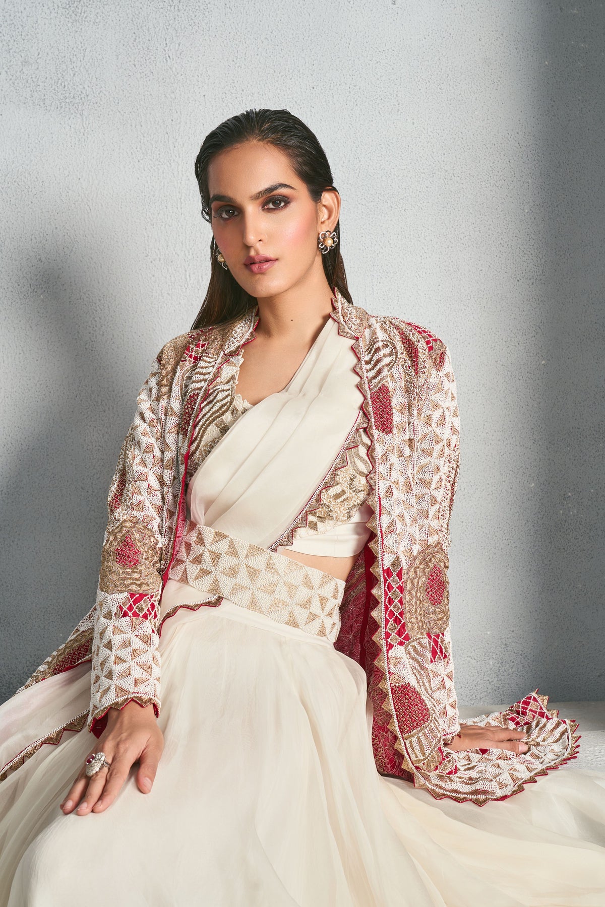 Hand Embellished Ivory Long Jacket Set