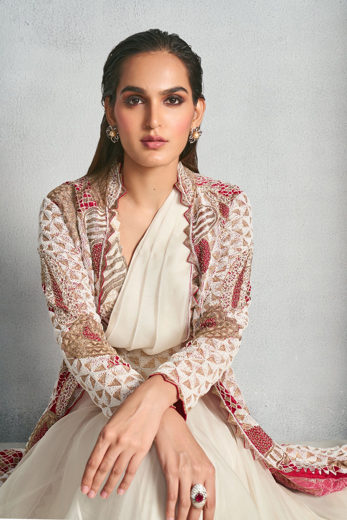 Hand Embellished Ivory Long Jacket Set